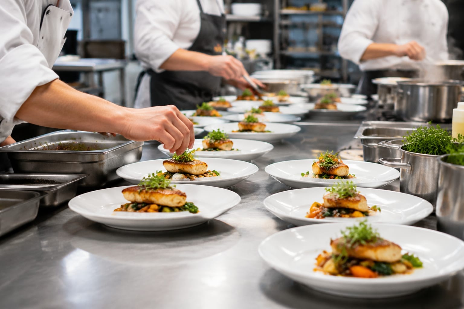 A professional catering kitchen with chefs plating dishes on a stainless-steel counter
