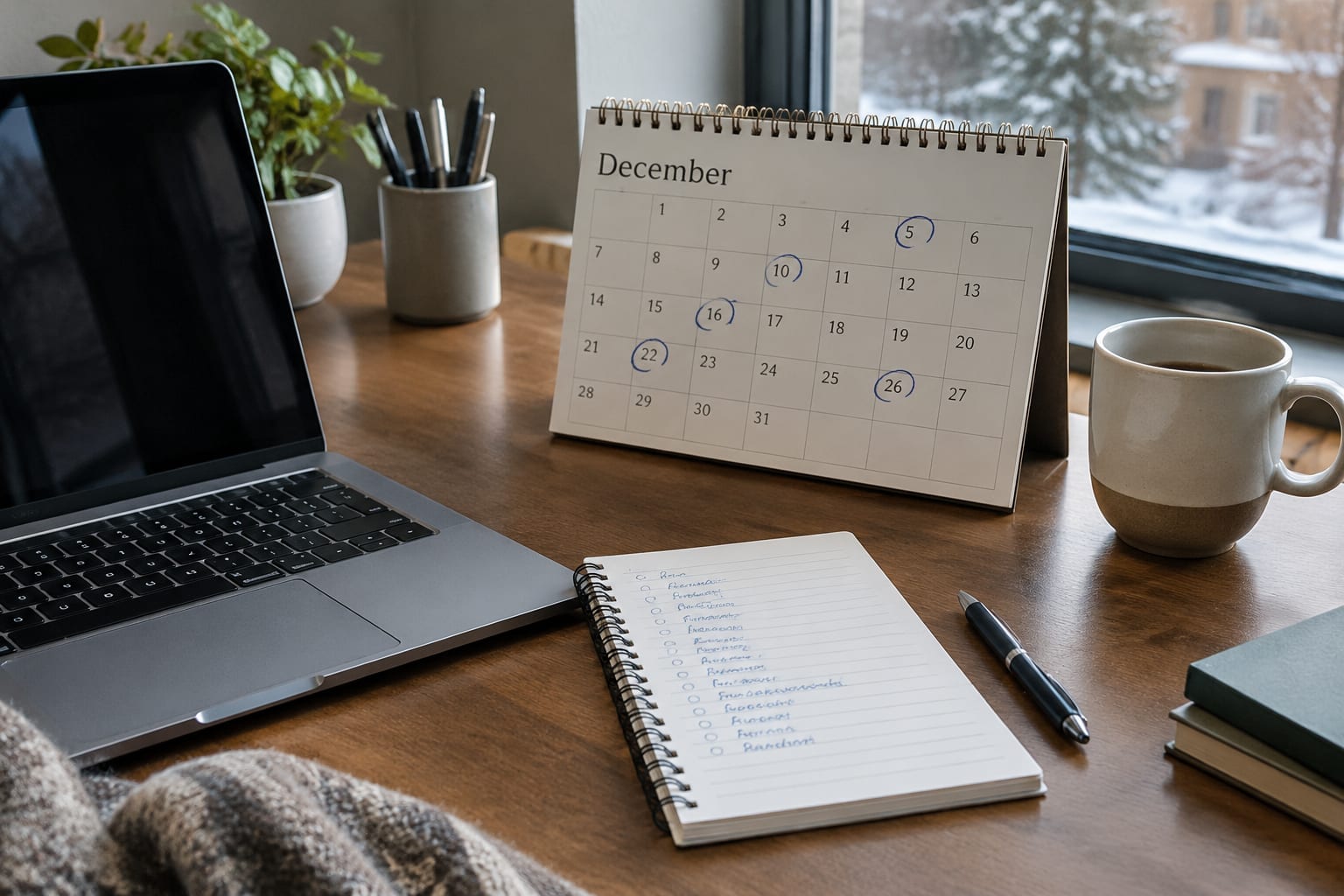 A desk calendar open to December with dates circled and a notepad beside it