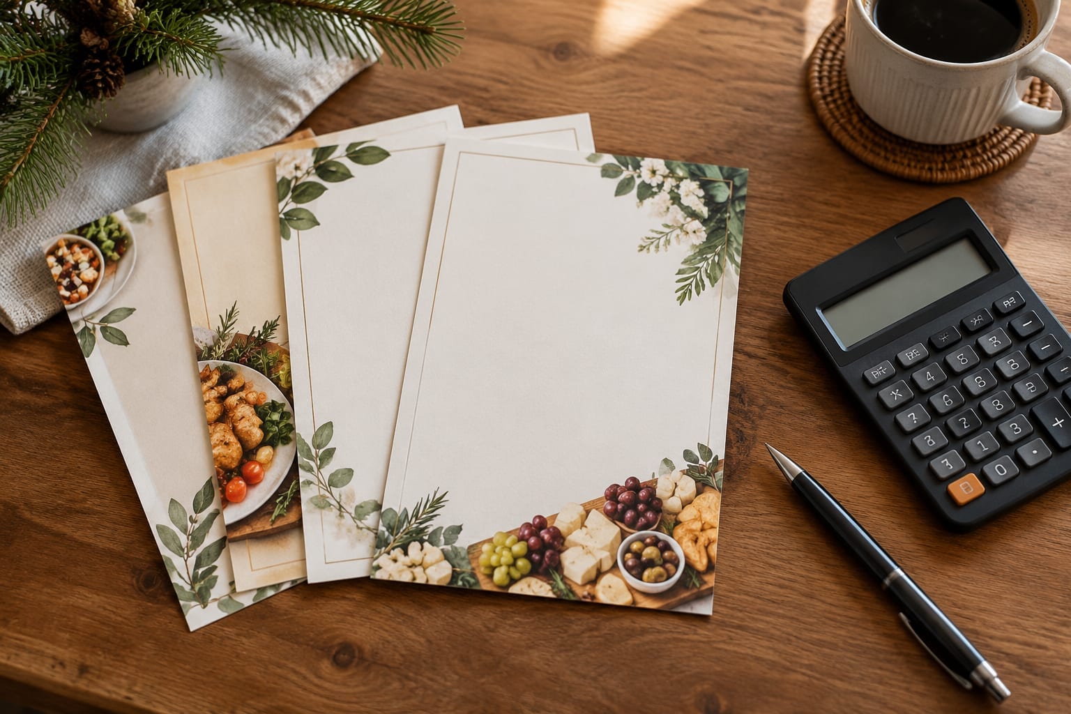 A caterer's printed menu cards and a calculator on a table beside a coffee cup