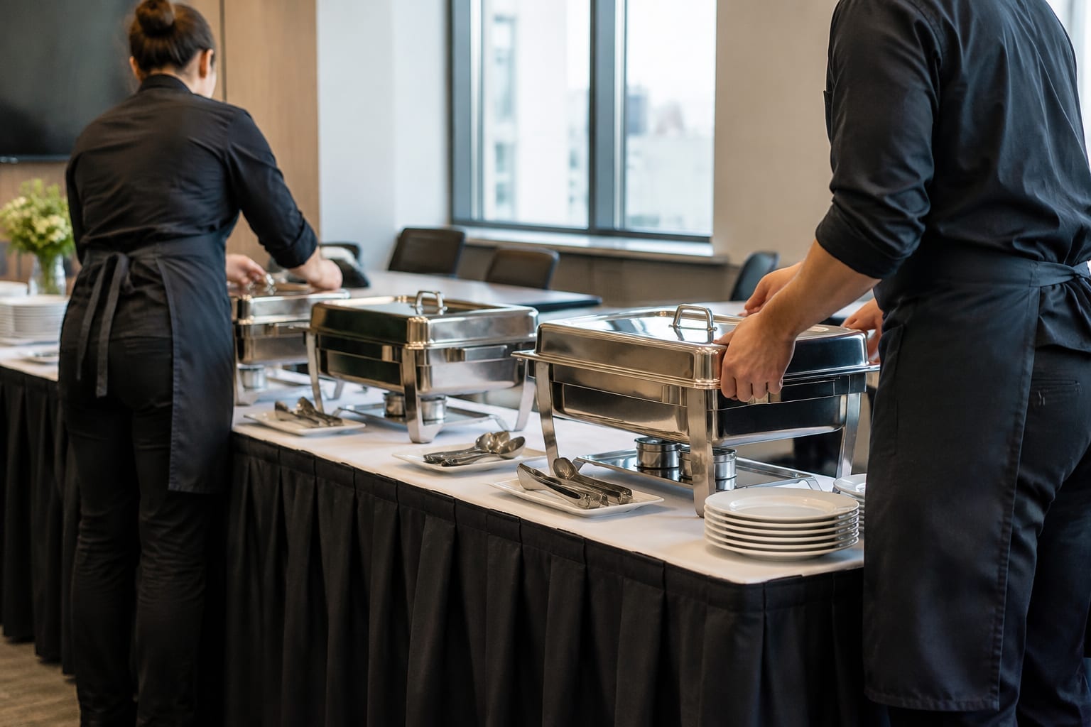 Catering staff in black aprons setting out chafing dishes in an office meeting room