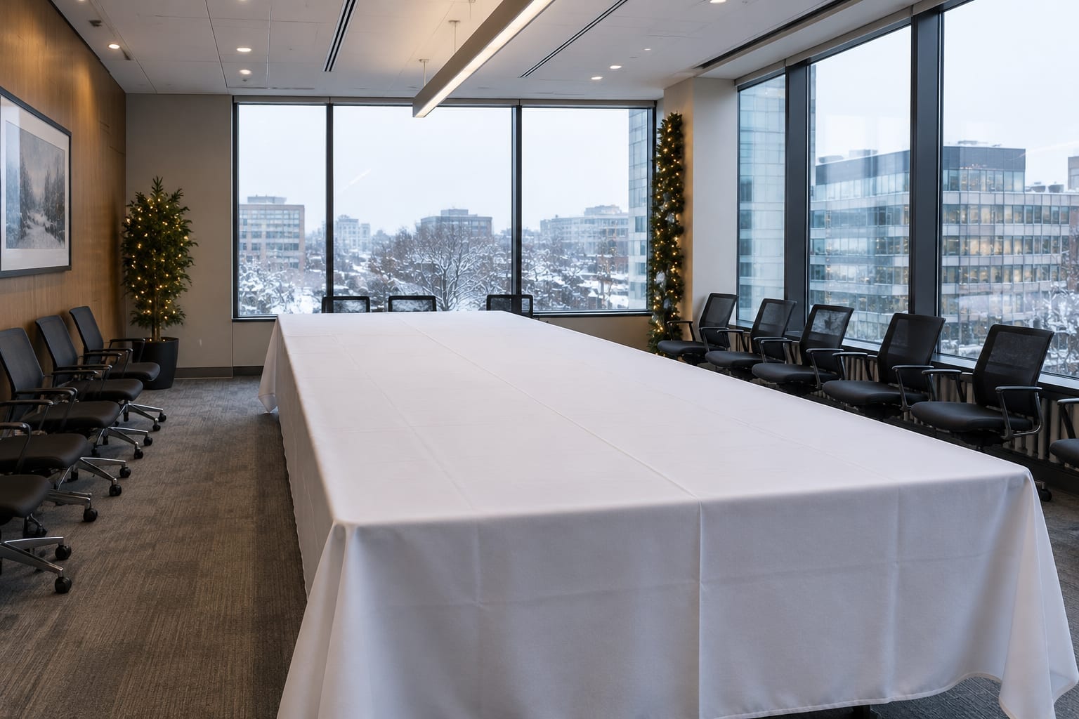 An empty boardroom with chairs pushed back and a long table prepared for a catered party