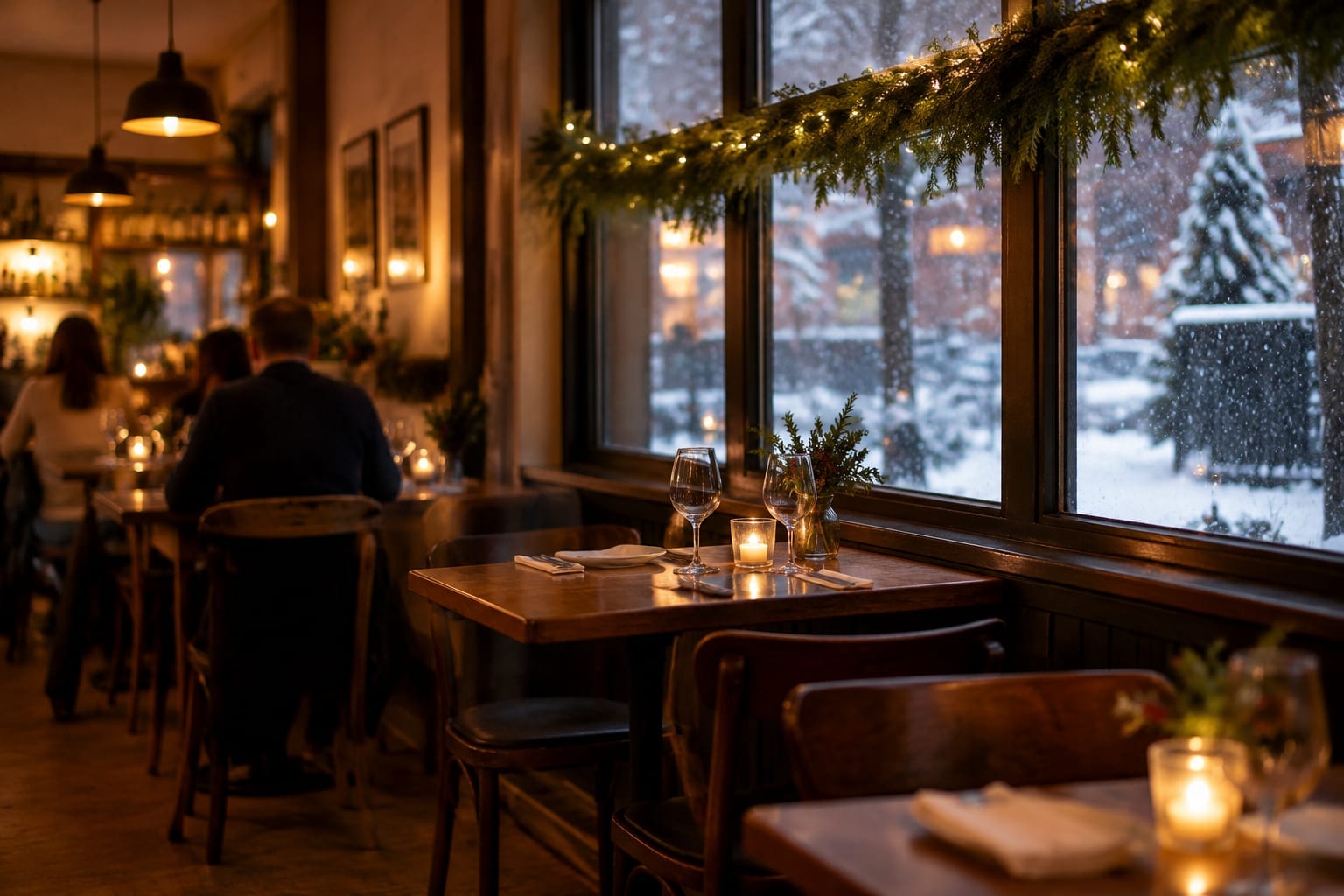Diners at small candlelit tables in a cosy bistro with a decorated window on a winter night
