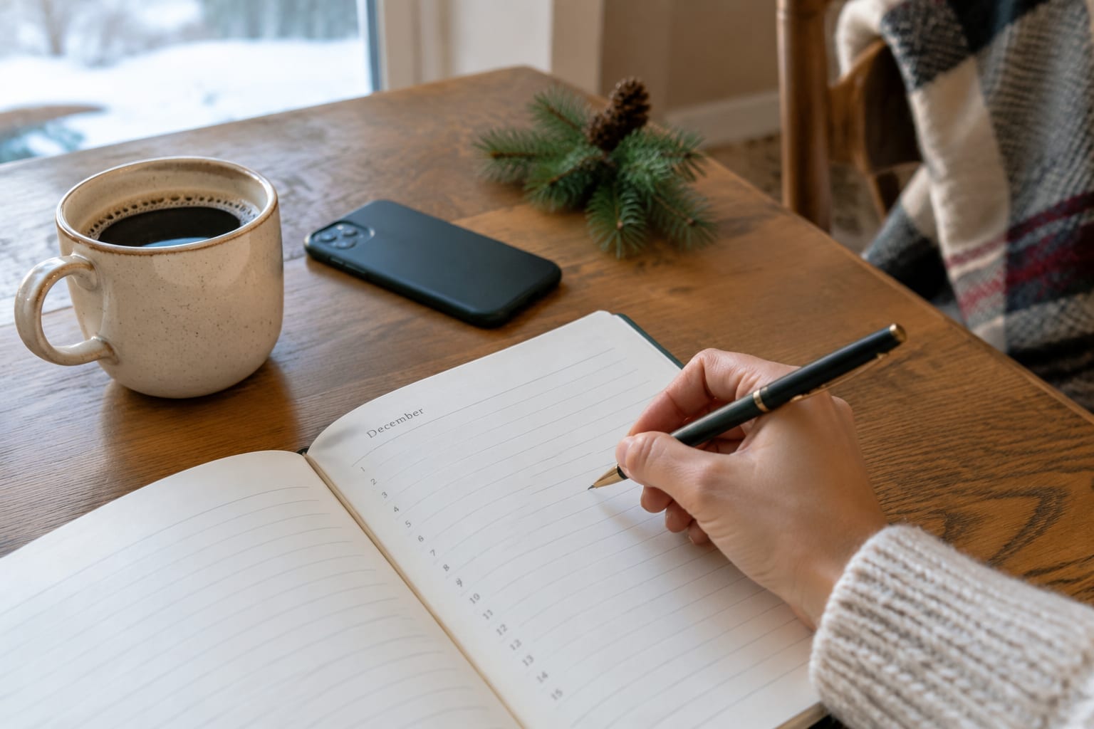 A hand writing a dinner reservation in a paper diary beside a phone and a cup of coffee