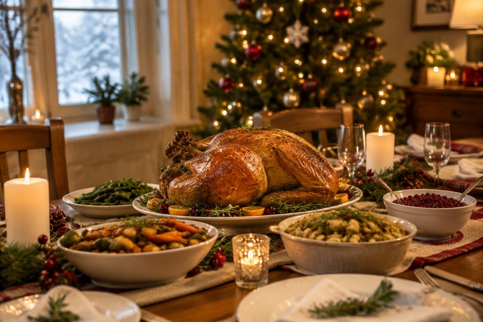 A roast turkey dinner with sides laid out on a family table beside a decorated tree