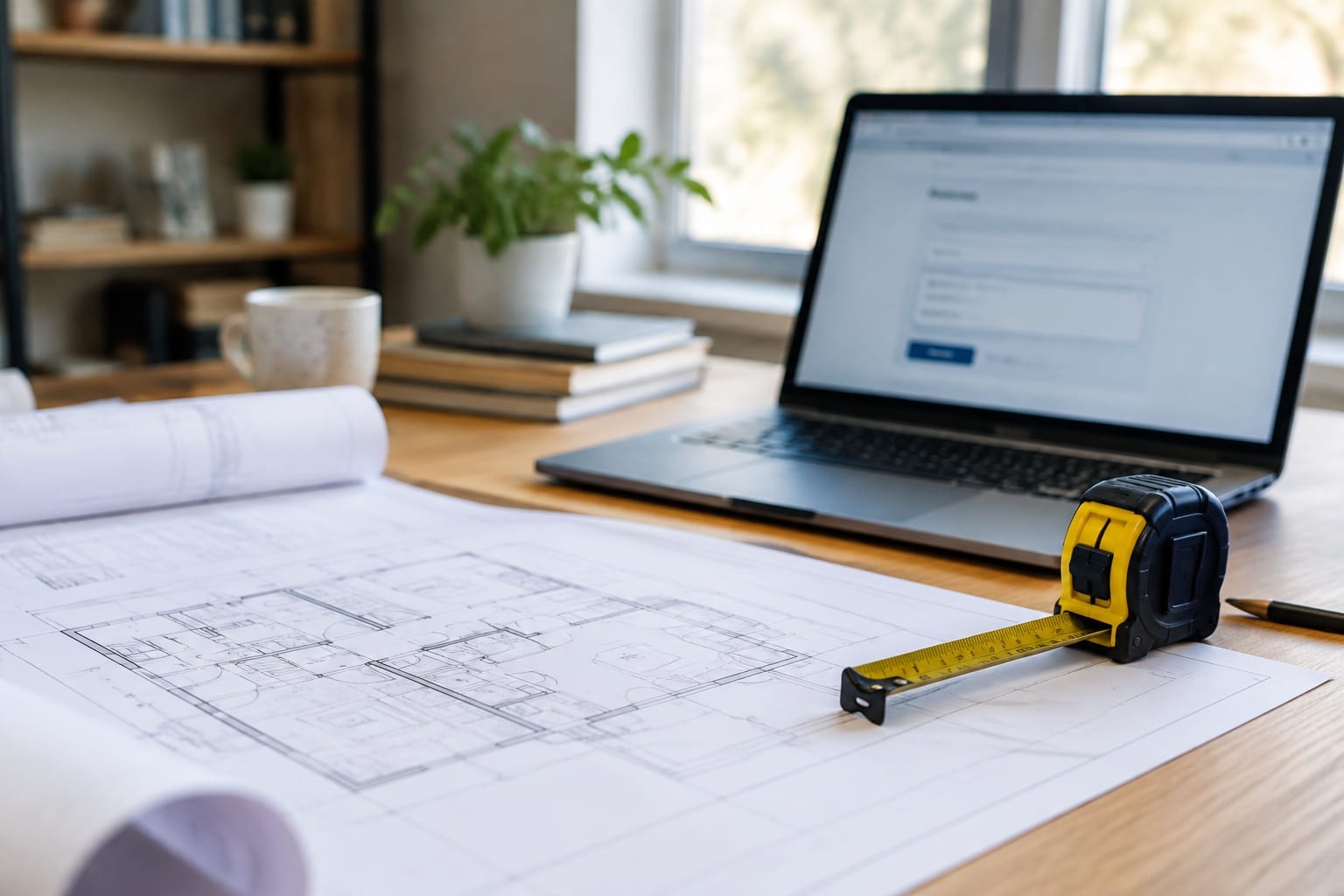A close view of building plans, a tape measure and a laptop showing an online application form