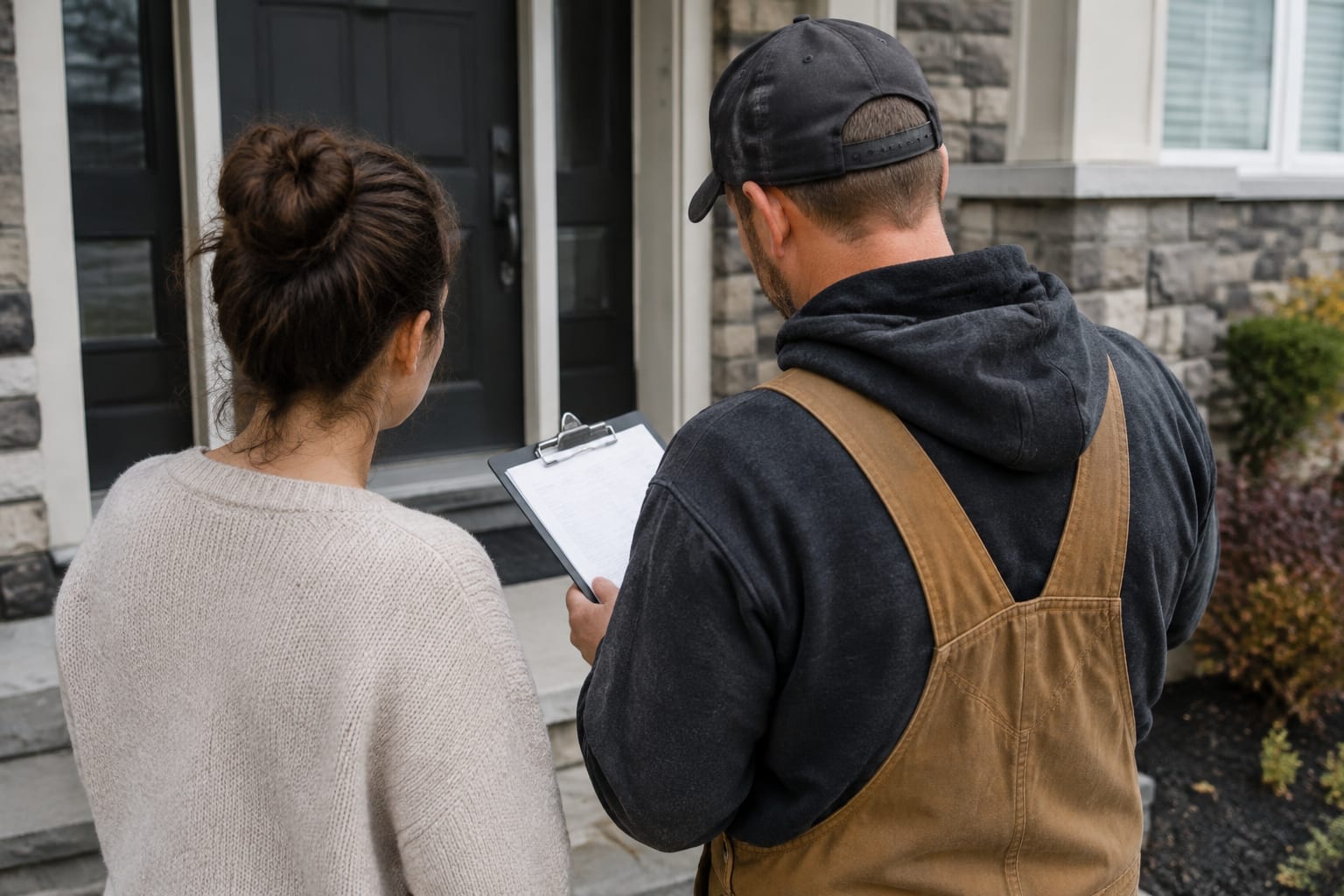 A homeowner and a renovation estimator reviewing a written contract and itemized quote at a front door