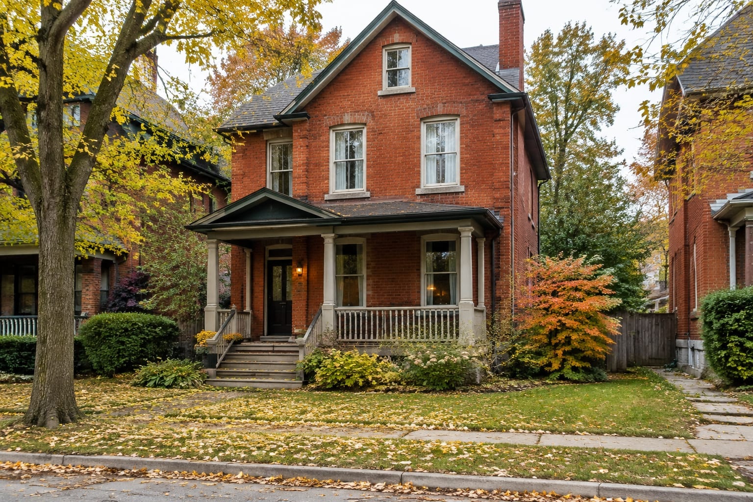 A century-old brick house with a wooden porch on a tree-lined Ottawa street in autumn