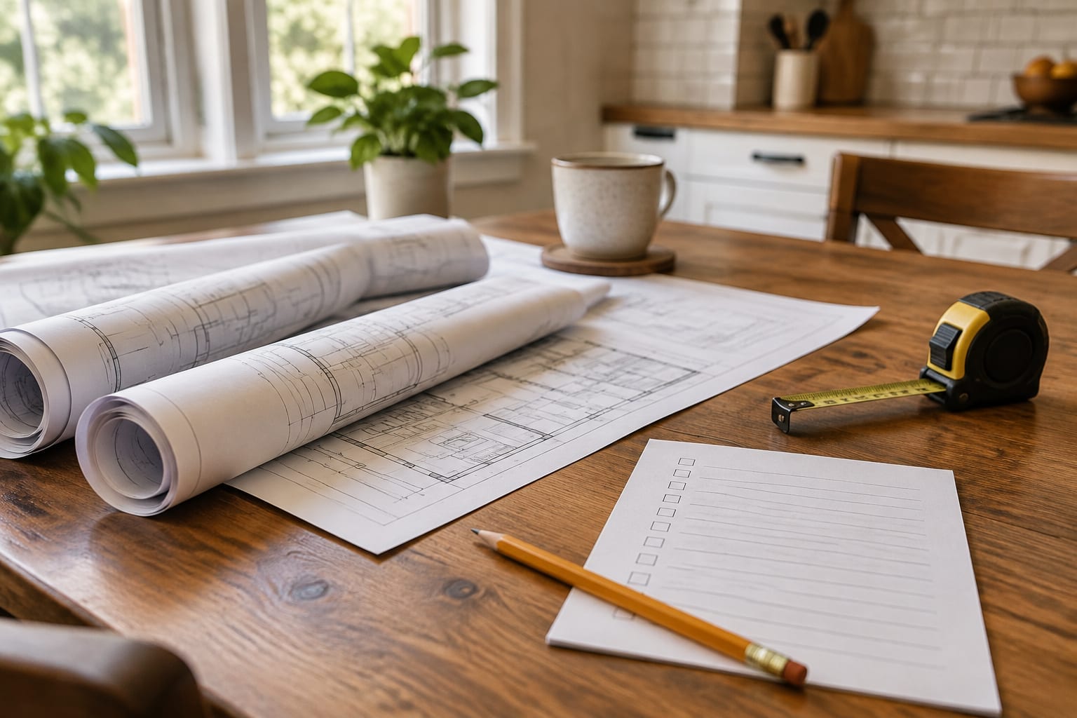 A homeowner reviewing renovation plans and a permit checklist at a kitchen table in an Ottawa home
