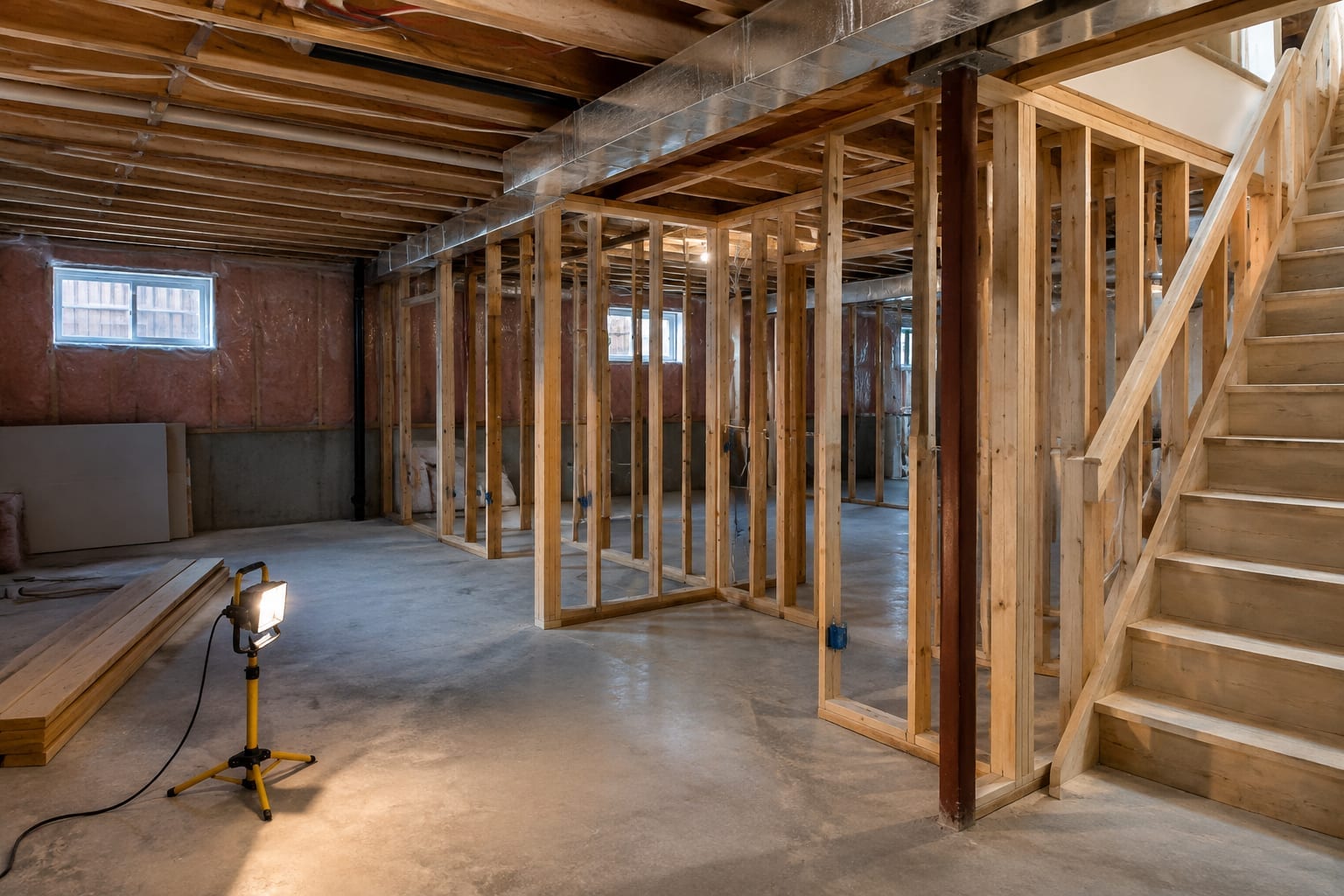 A half-framed basement with exposed wall studs and a staircase in a house under renovation