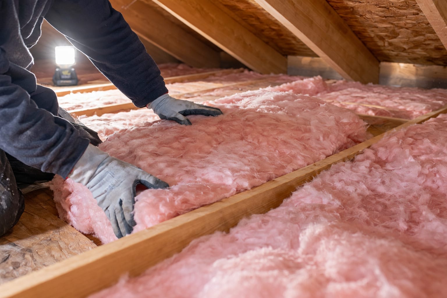 A technician installing attic insulation batts between joists in a home near Ottawa