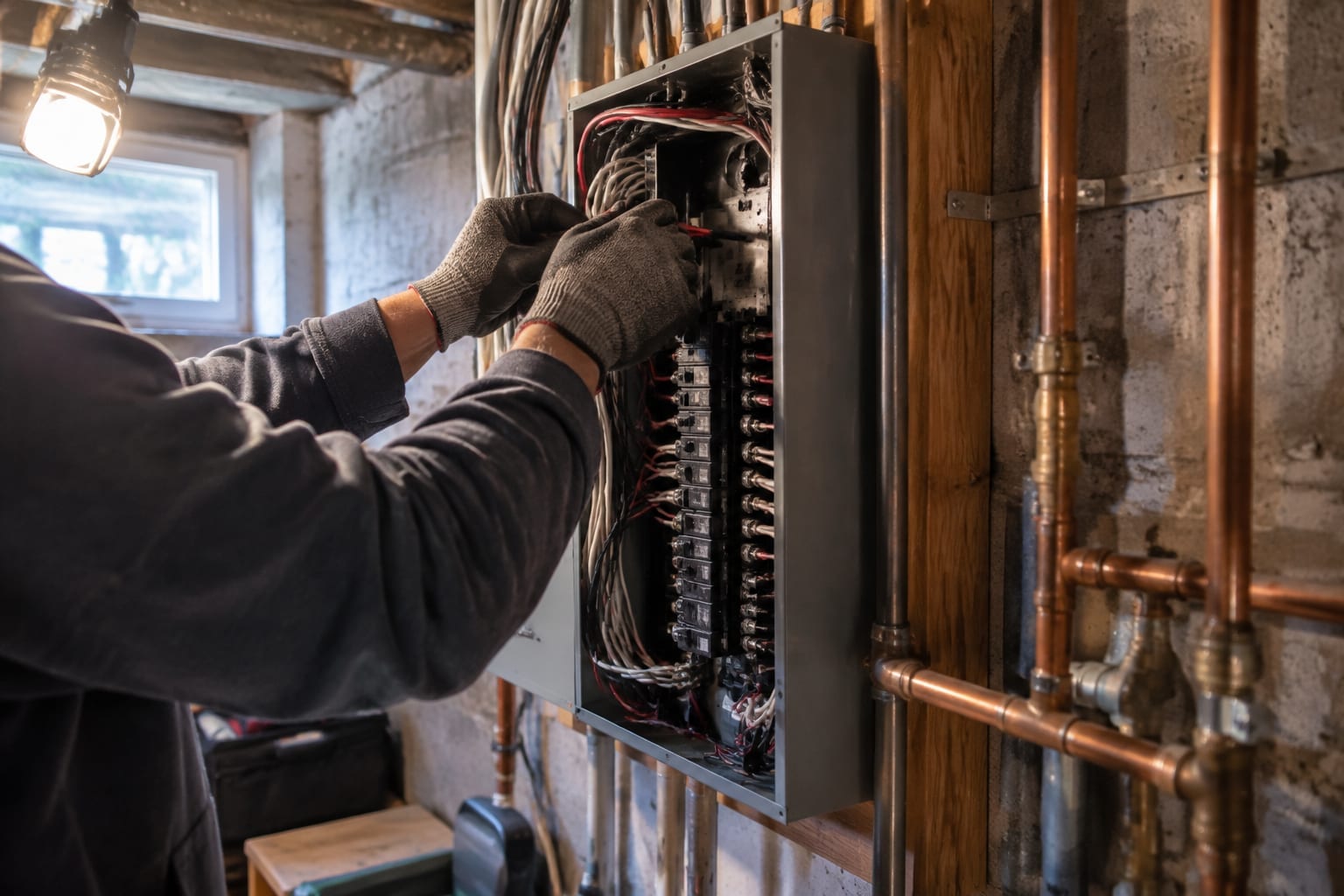 A licensed electrician in work clothes wiring a new panel in a residential basement