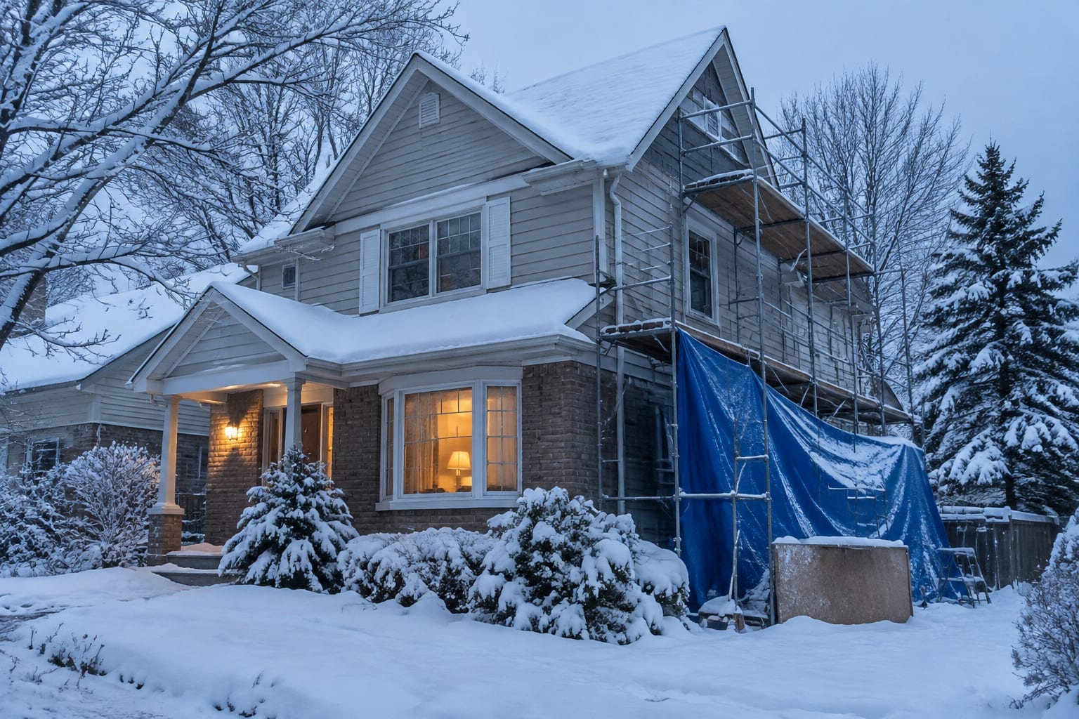 A snow-covered Ottawa house with scaffolding along one wall and a tarp over a work area