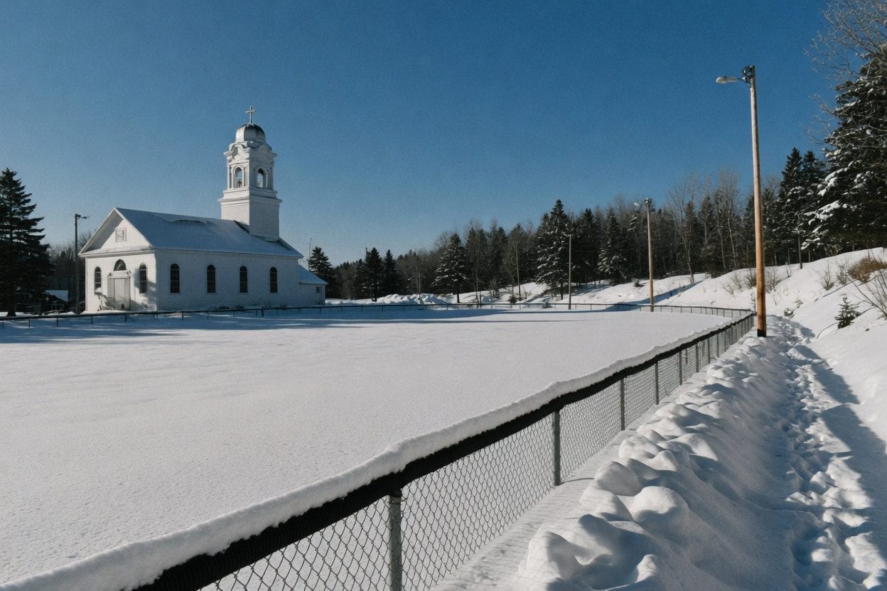 Outdoor skating rink in an Ottawa neighbourhood with snow-draped trees and clear winter sky