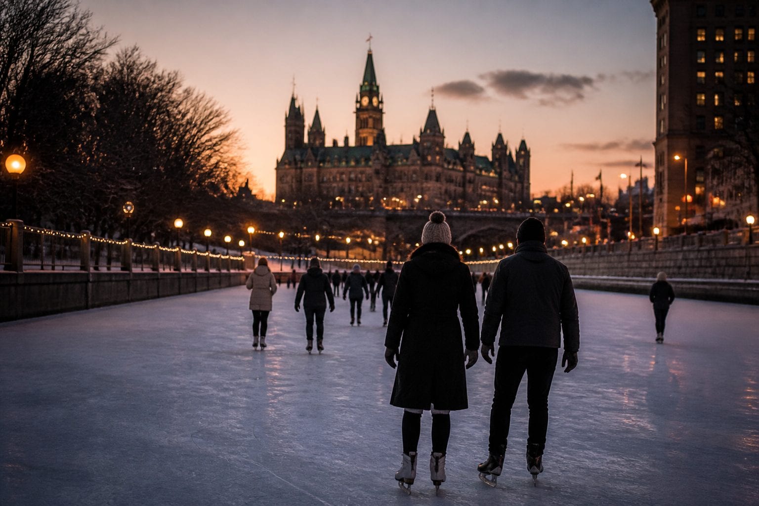 The Rideau Canal Skateway stretching into the distance with skaters silhouetted against the Parliament Buildings at dusk