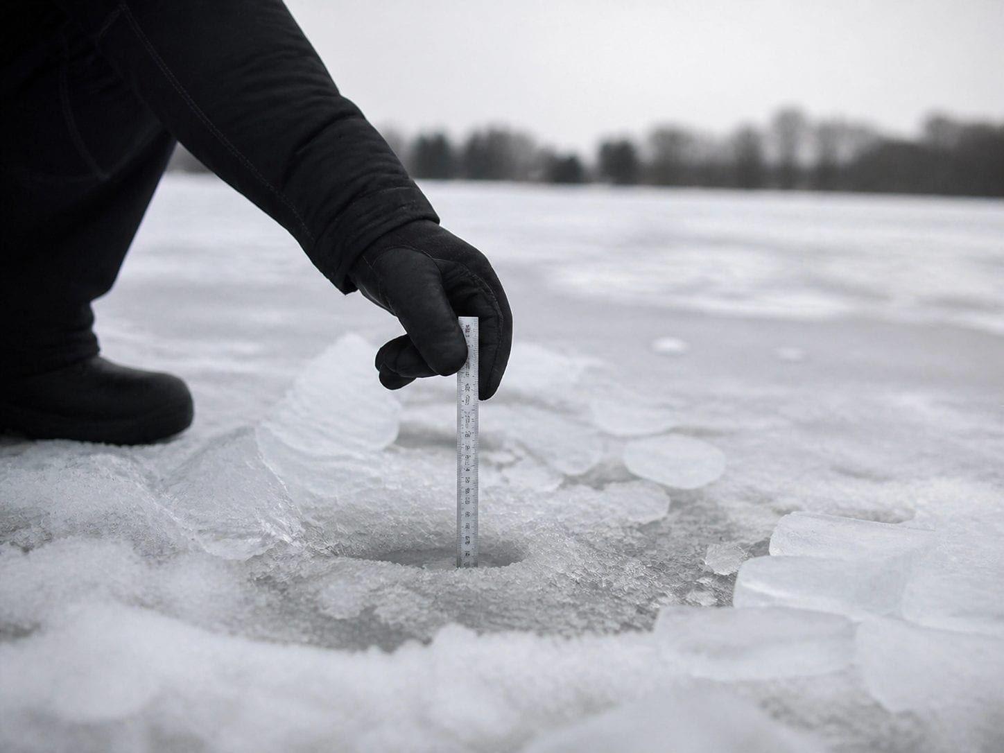 Ice thickness measurement tool showing safe ice depth