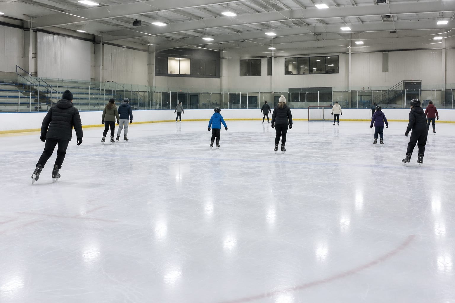 Recreational skaters on a bright indoor arena ice pad during a public skating session