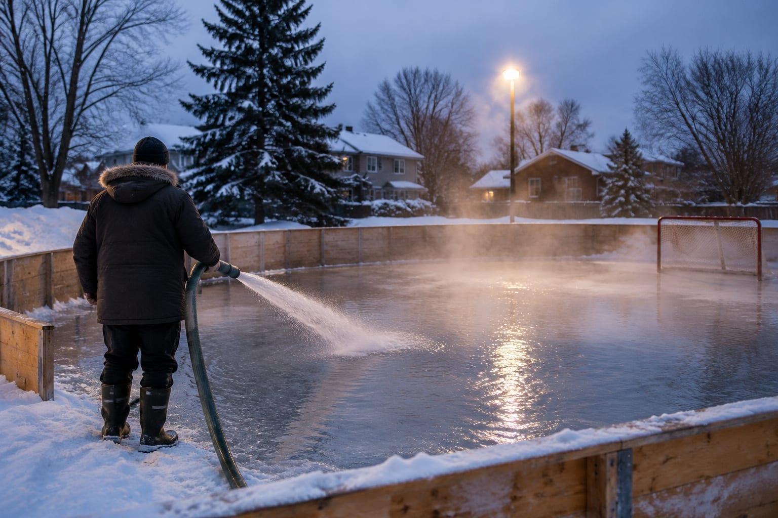 A volunteer flooding a small neighbourhood outdoor rink with a hose under park lights on a cold evening