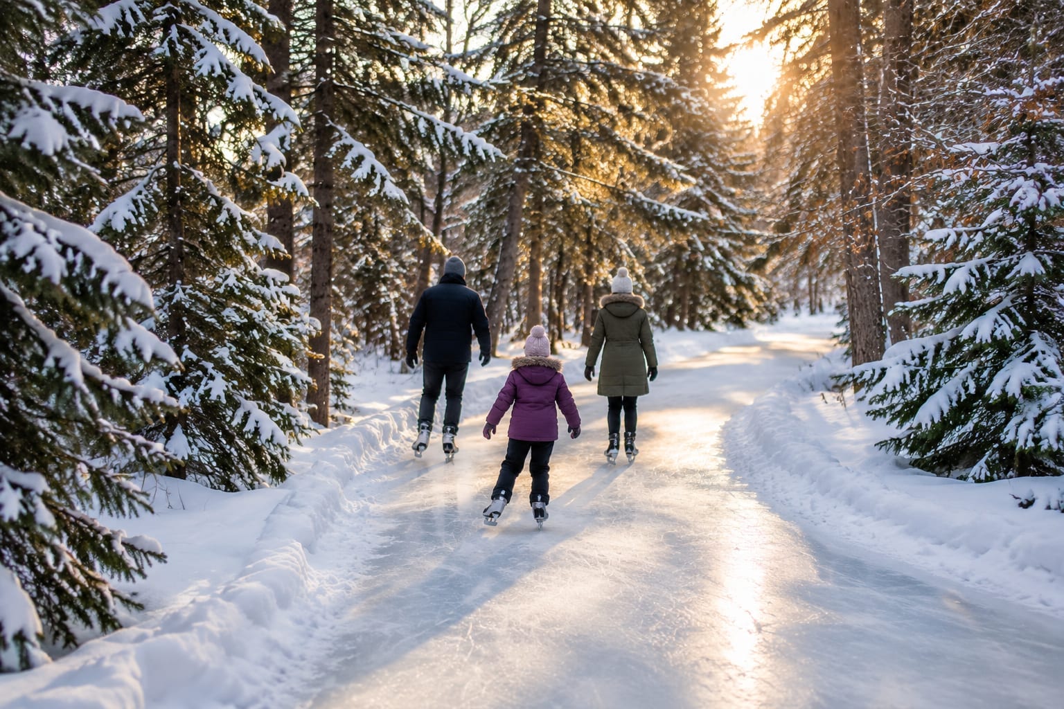 A family skating along a natural ice path between tall snow-covered trees in late afternoon light
