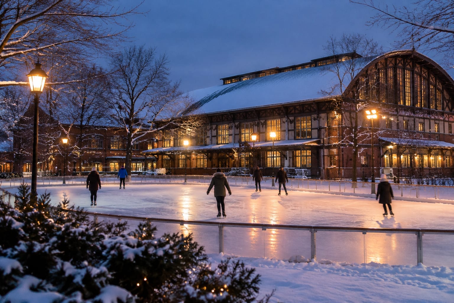 A refrigerated outdoor skating court beside a heritage exhibition hall at Lansdowne Park on a winter evening