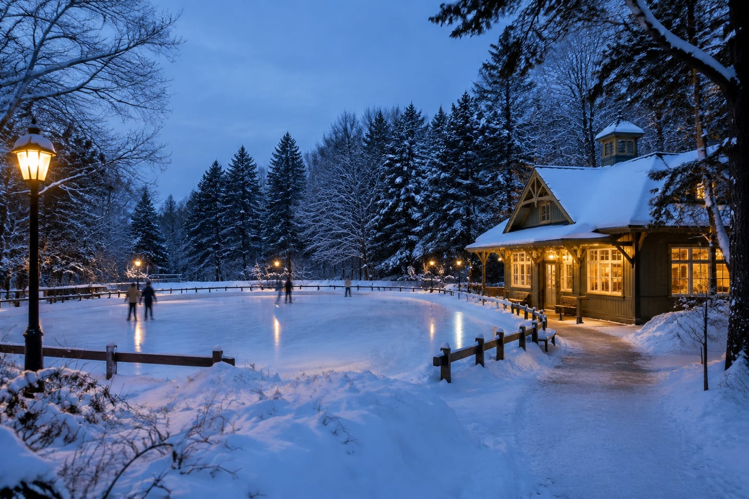 A small outdoor skating rink beside a heritage wooden pavilion on snowy estate grounds at dusk