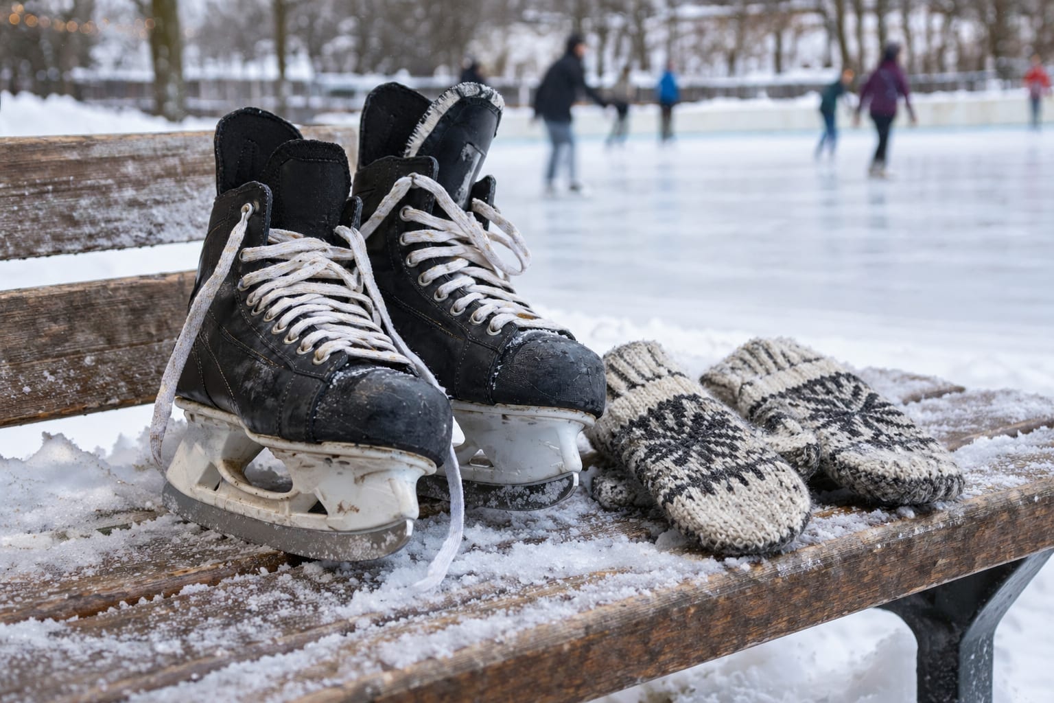 A pair of hockey skates and mittens resting on a snowy wooden bench beside an outdoor rink