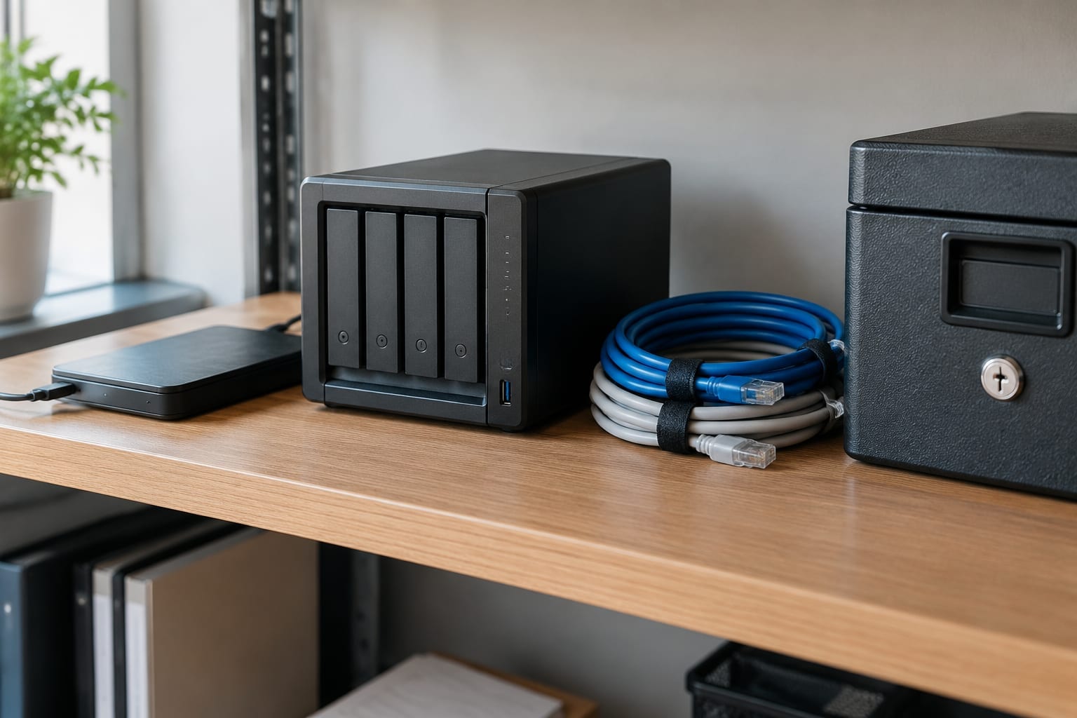 An external hard drive and a small network storage box on a shelf in an Ottawa small office