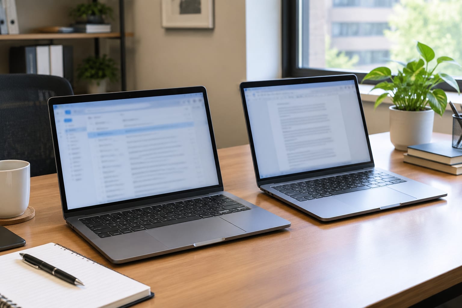 Two laptops on a small office desk showing generic email and document windows