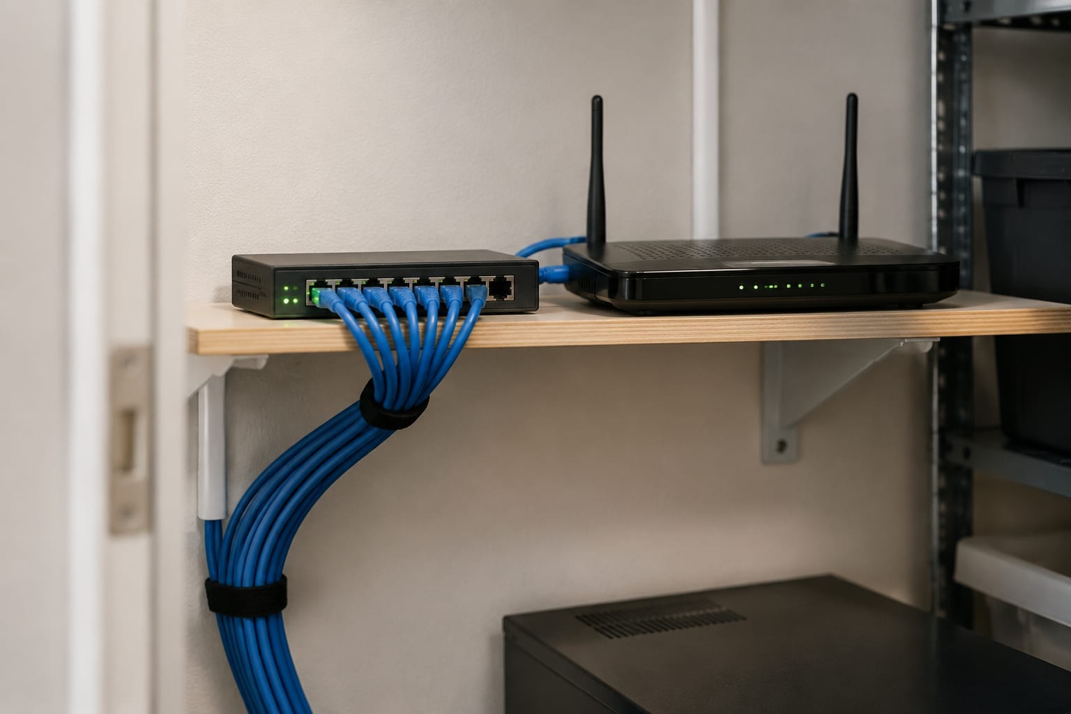 A small network switch and router in a tidy back-office closet of an Ottawa small business