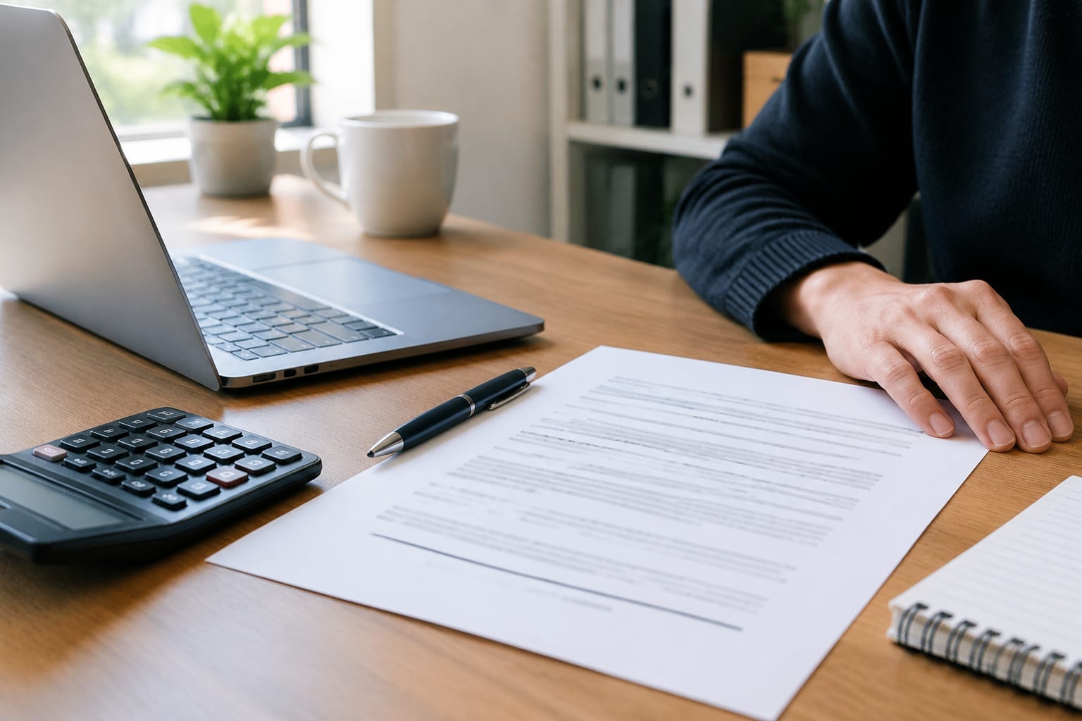 A small business owner with a calculator and a printed quote on a desk in an Ottawa office