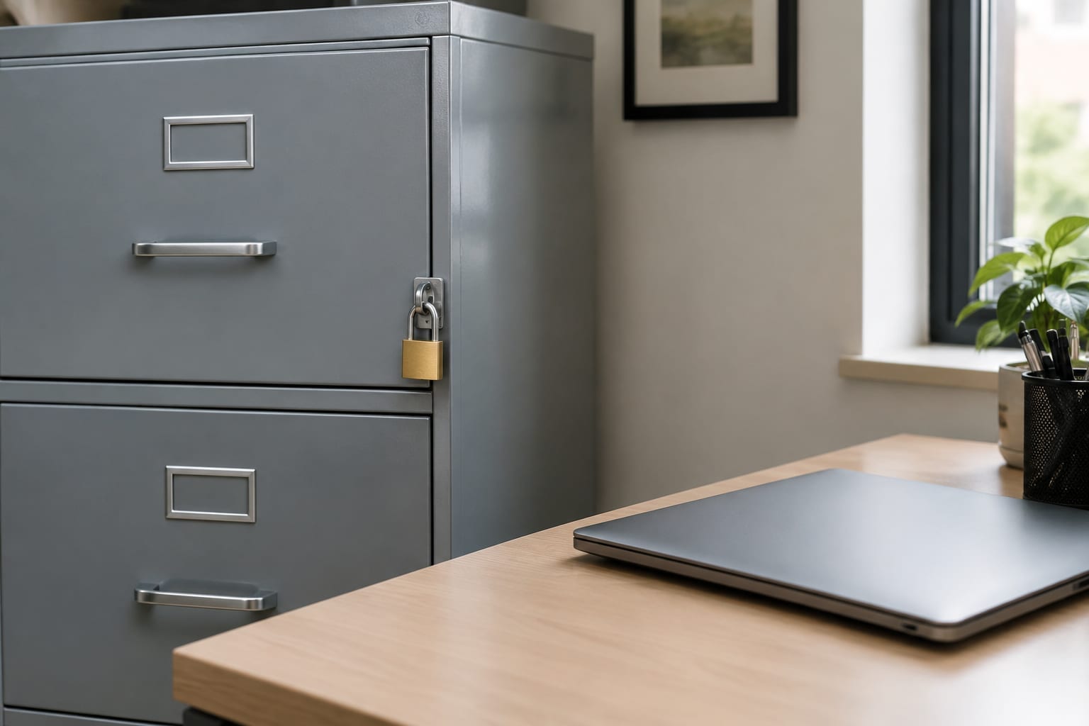 A locked filing cabinet beside a laptop in a small Ottawa office