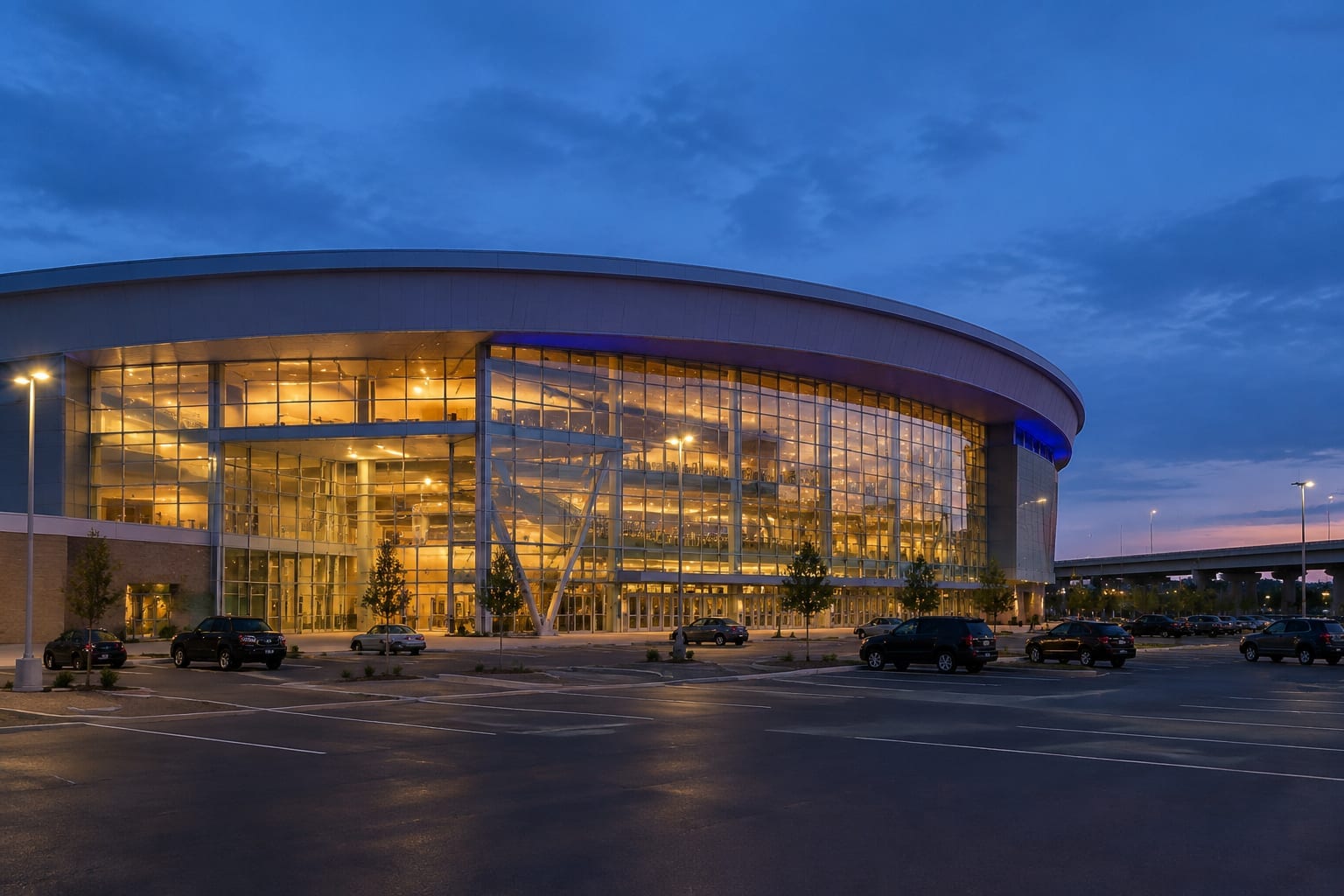 Large hockey arena exterior at dusk with glowing windows and a wide parking area
