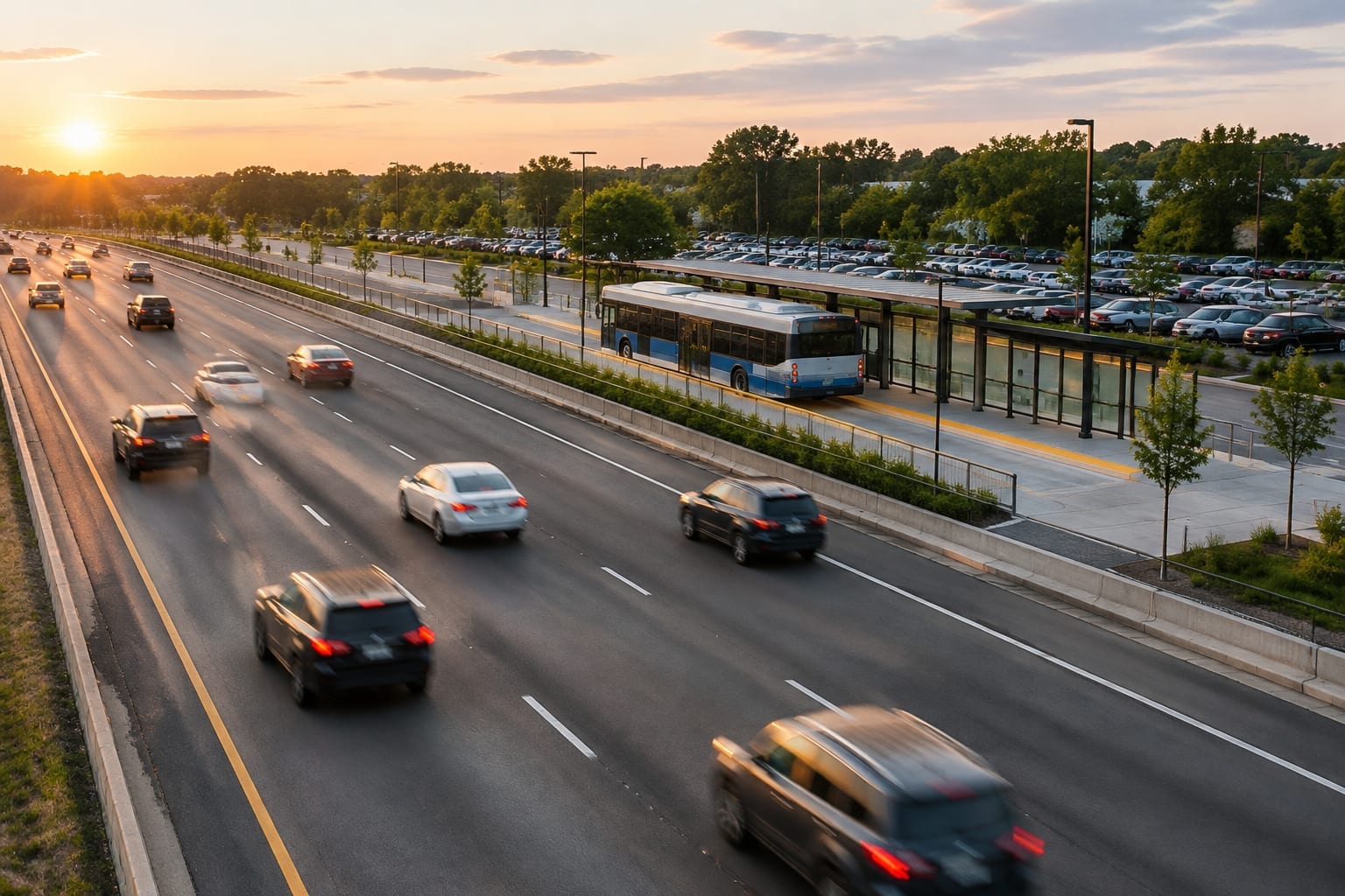 Highway 417 traffic heading west past a transit station with a bus in Ottawa's west end