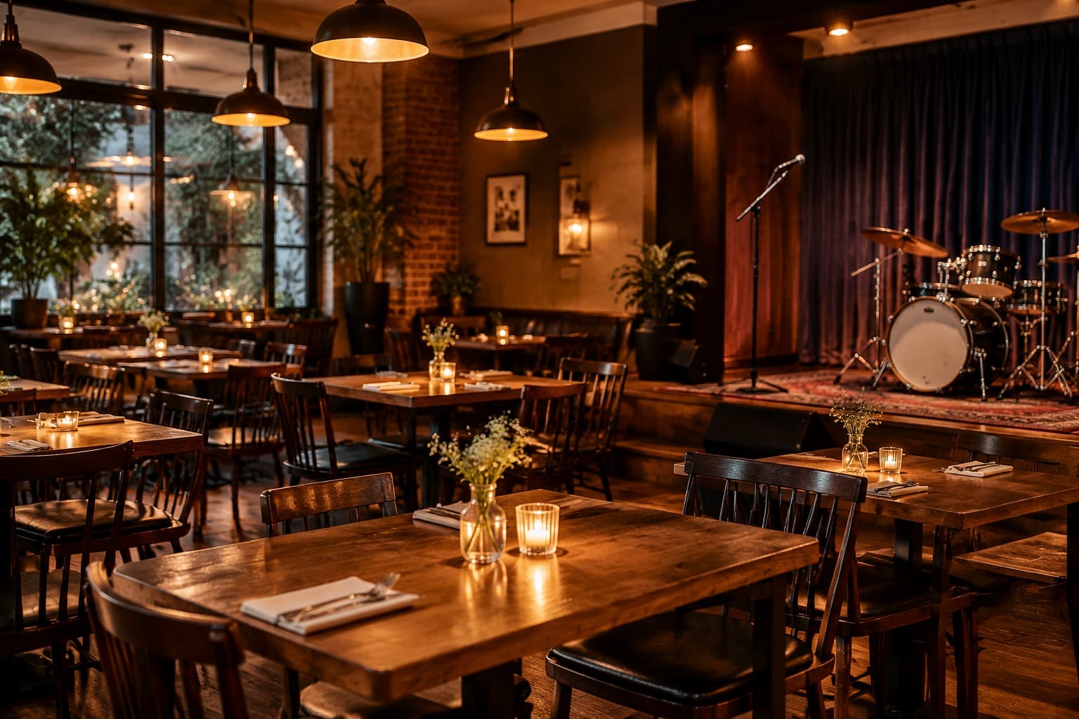 Warm restaurant dining room with wooden tables and a stage corner for live music