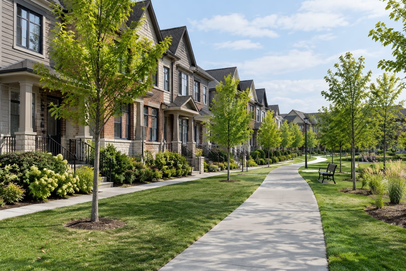 Row of houses and a neighbourhood pathway in a planned suburban community in Kanata, Ontario