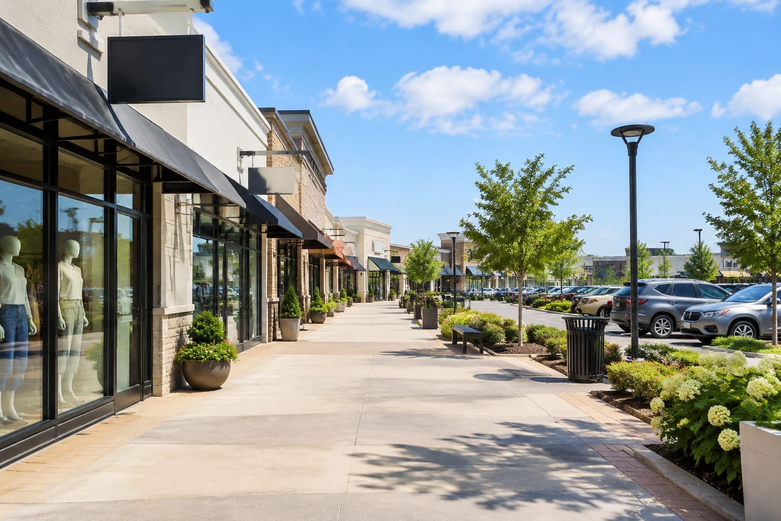 Open-air outlet shopping centre with a wide walkway, storefronts and parked cars on a sunny day