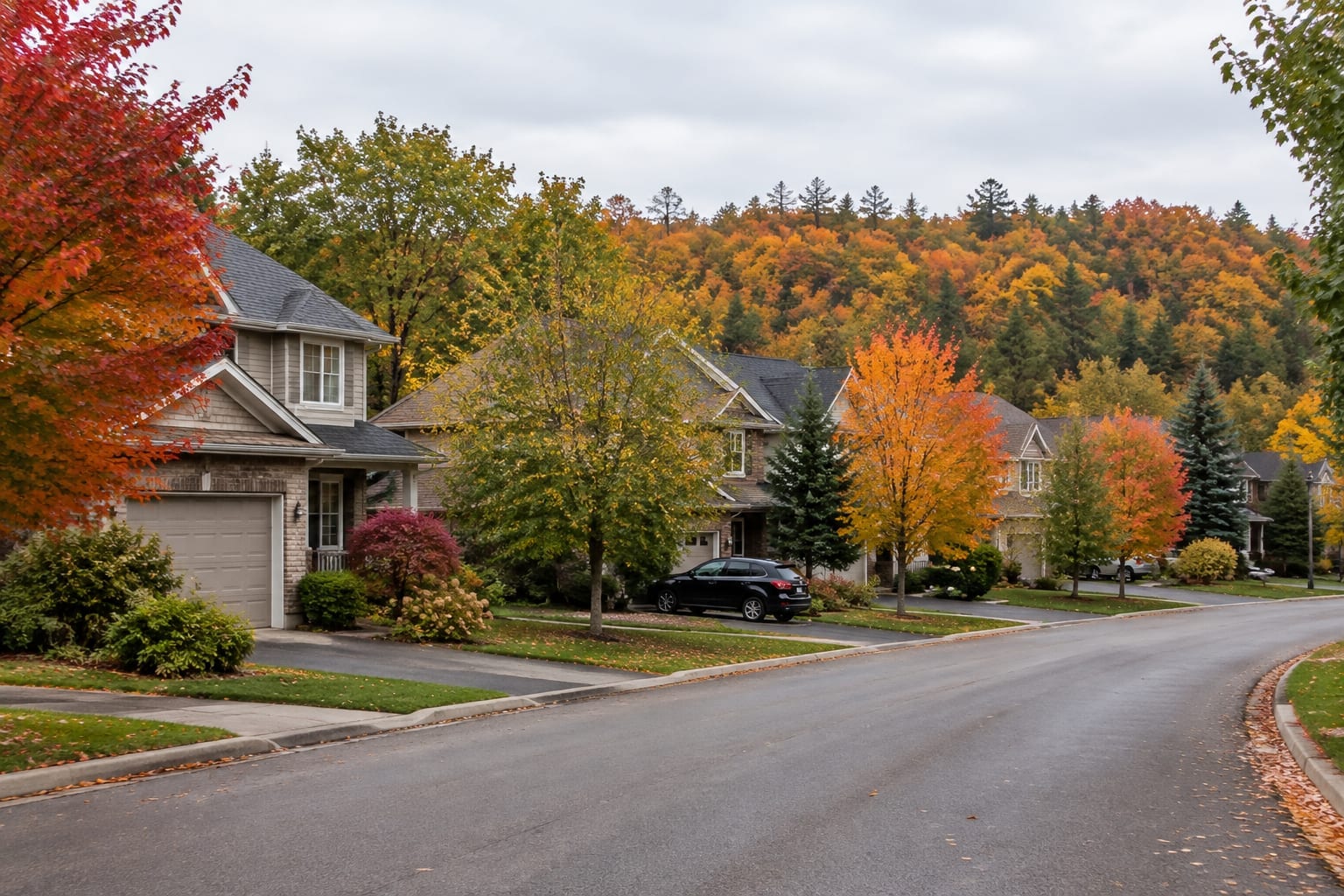 A suburban Ottawa street in Kanata with houses, mature trees and a ridge of forest behind