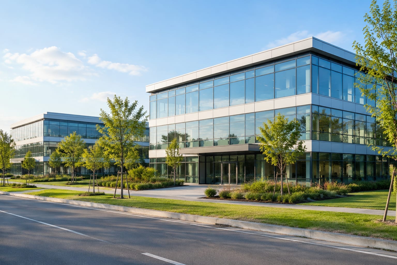 Modern glass office buildings in a landscaped technology park beside a roadway in Ottawa's west end