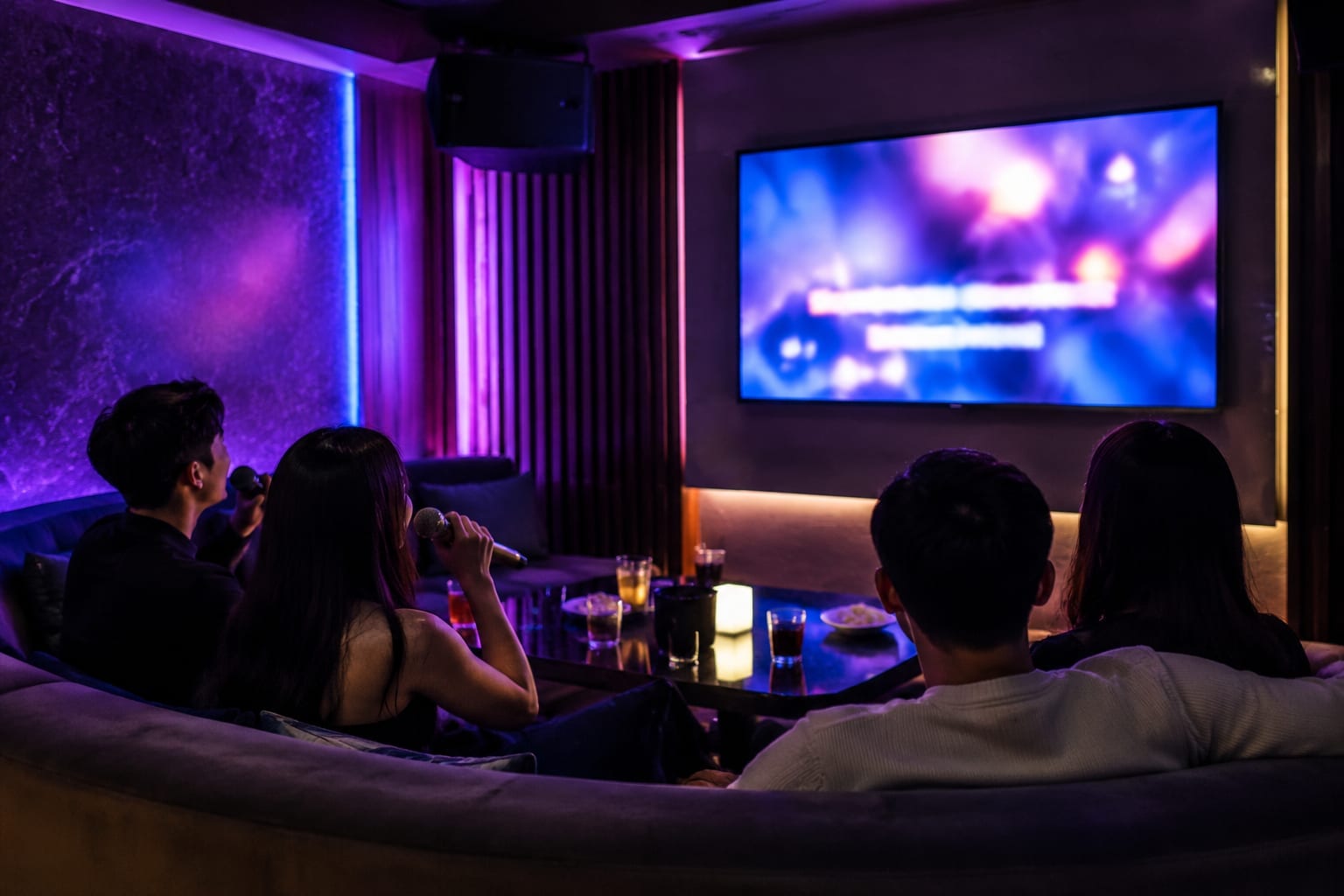 Friends singing with microphones in a private karaoke room with a large screen and neon lighting