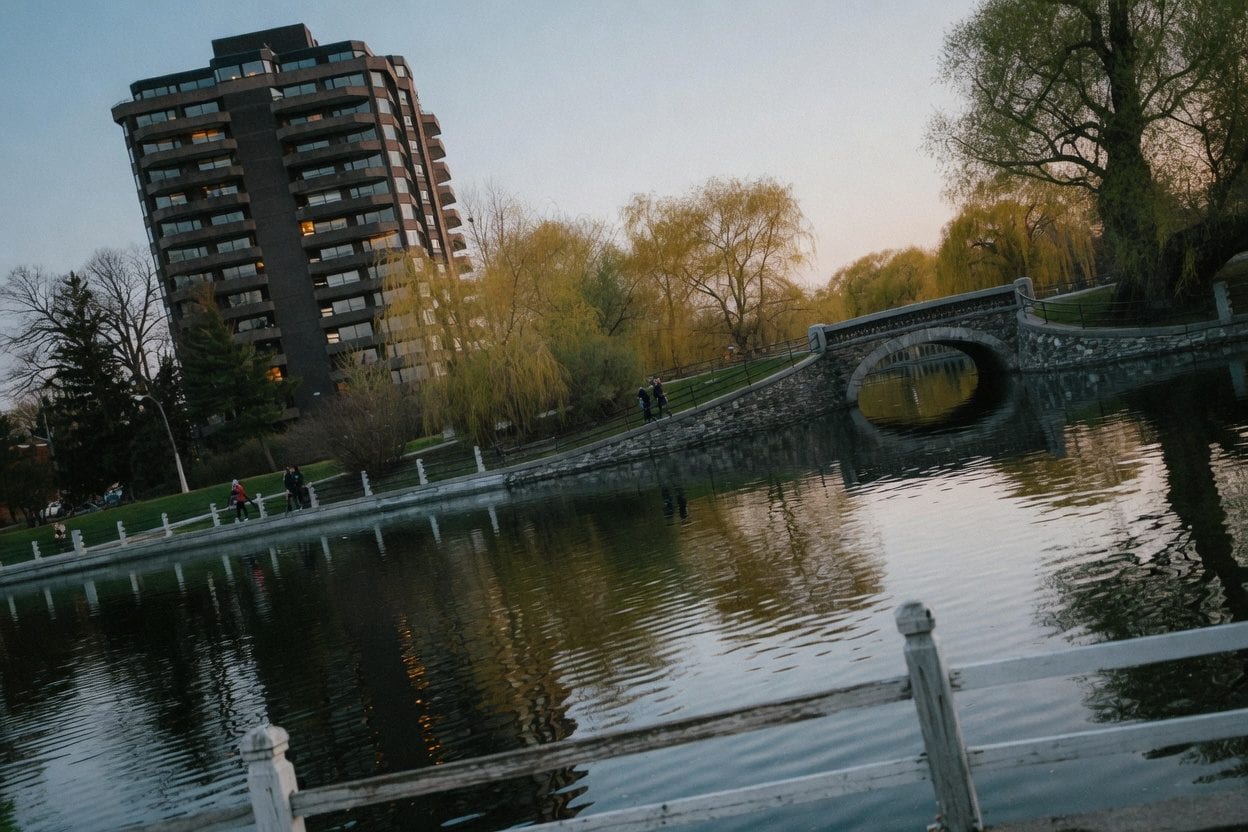 Ottawa river at sunset with bridge and treeline
