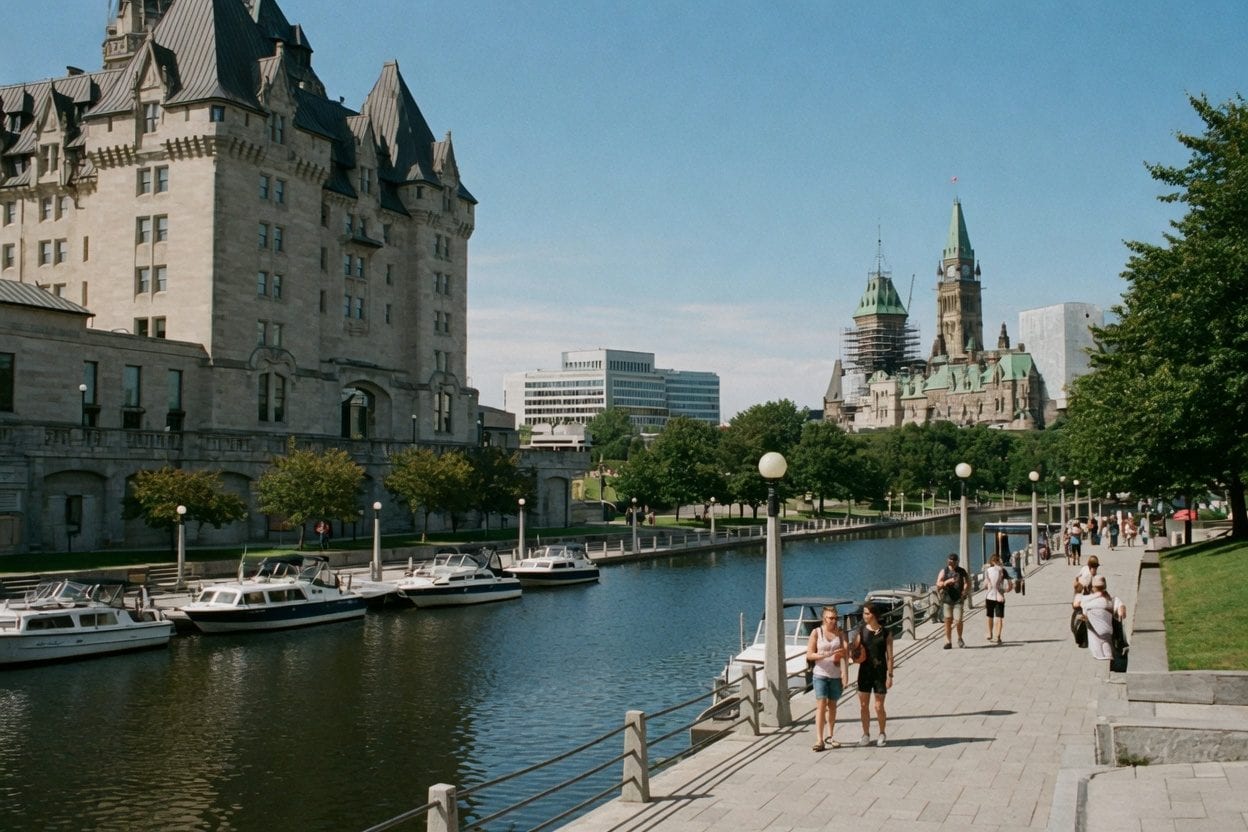 Ottawa river flowing through the city with Parliament buildings and waterfront skyline