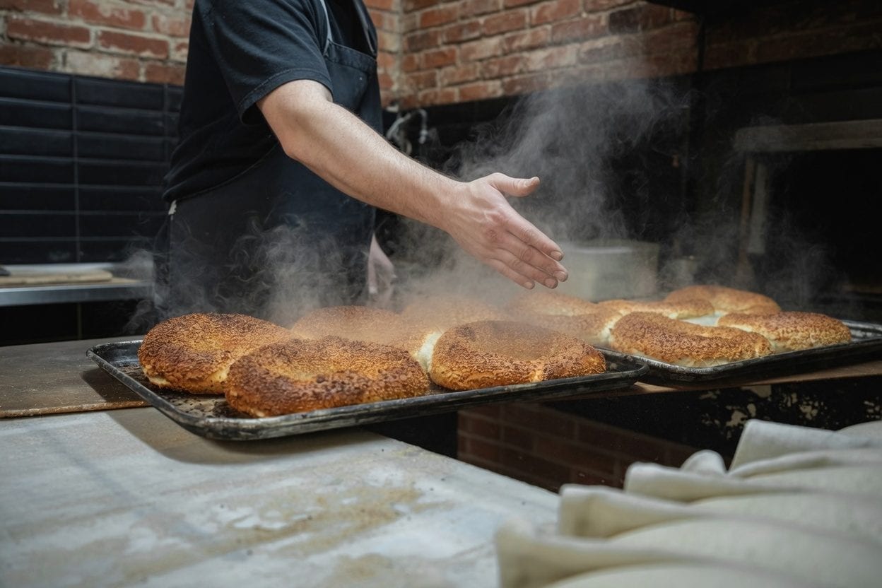 Freshly baked bagels steaming on a baking tray at a bakery