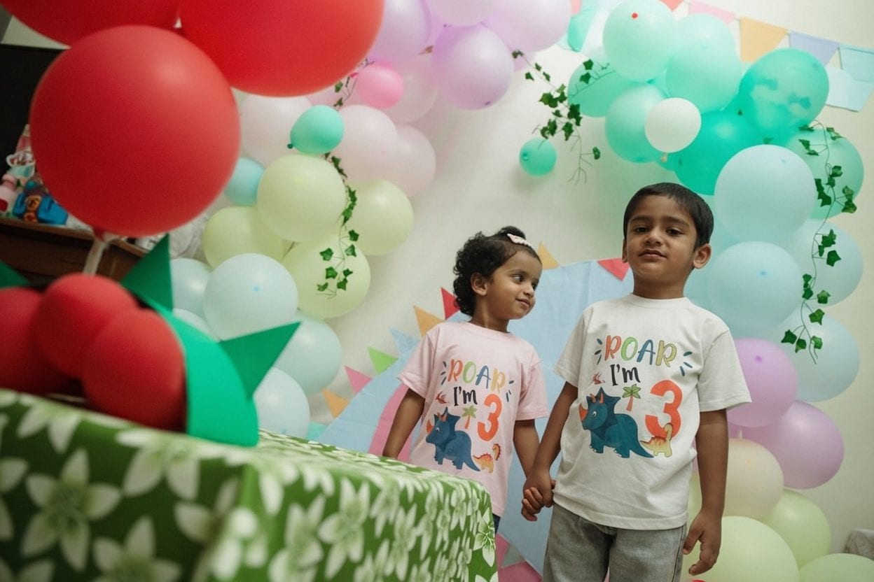Kids celebrating at a party table with balloons
