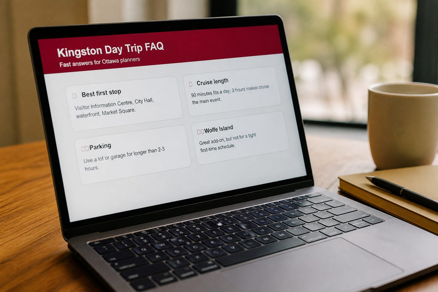 Kingston day trip FAQ graphic with drive, train, parking, cruise, and attraction questions