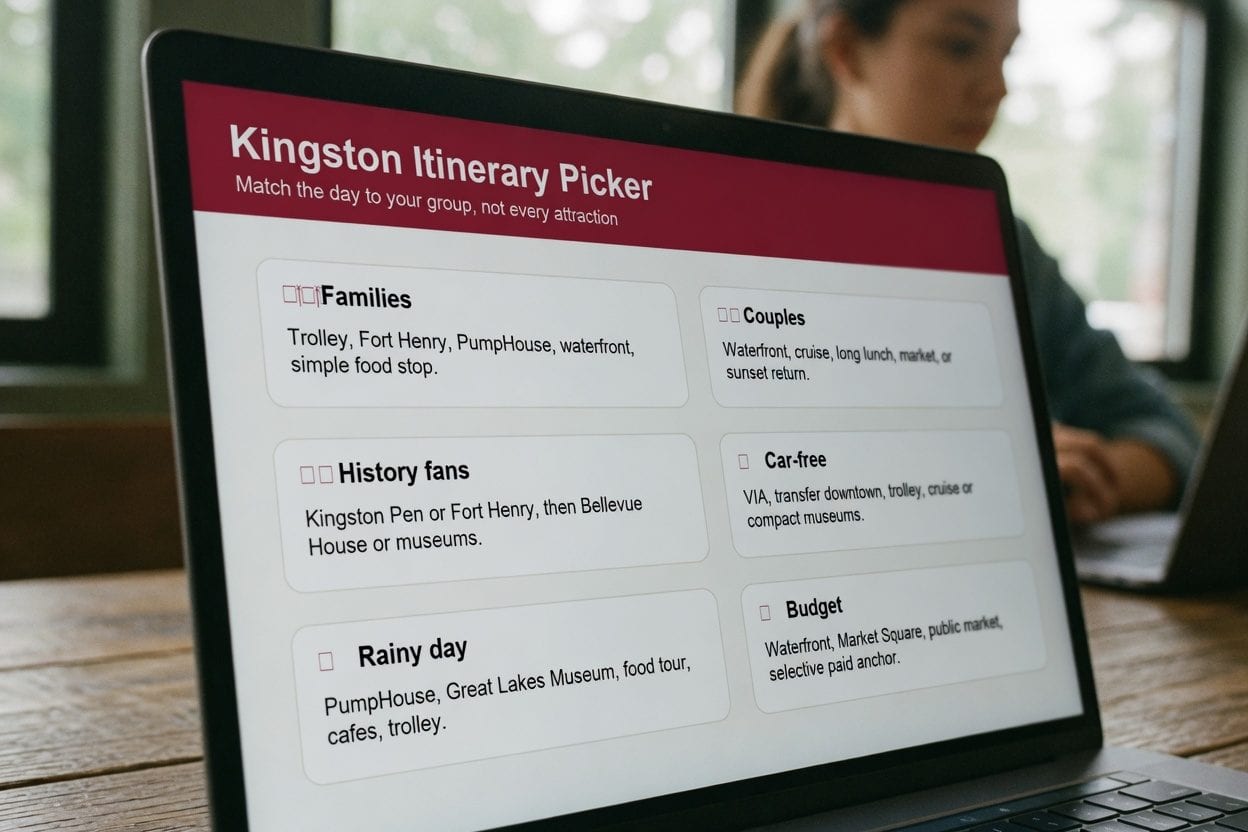 Kingston itinerary cards for families, couples, history fans, car-free visitors, and rainy days