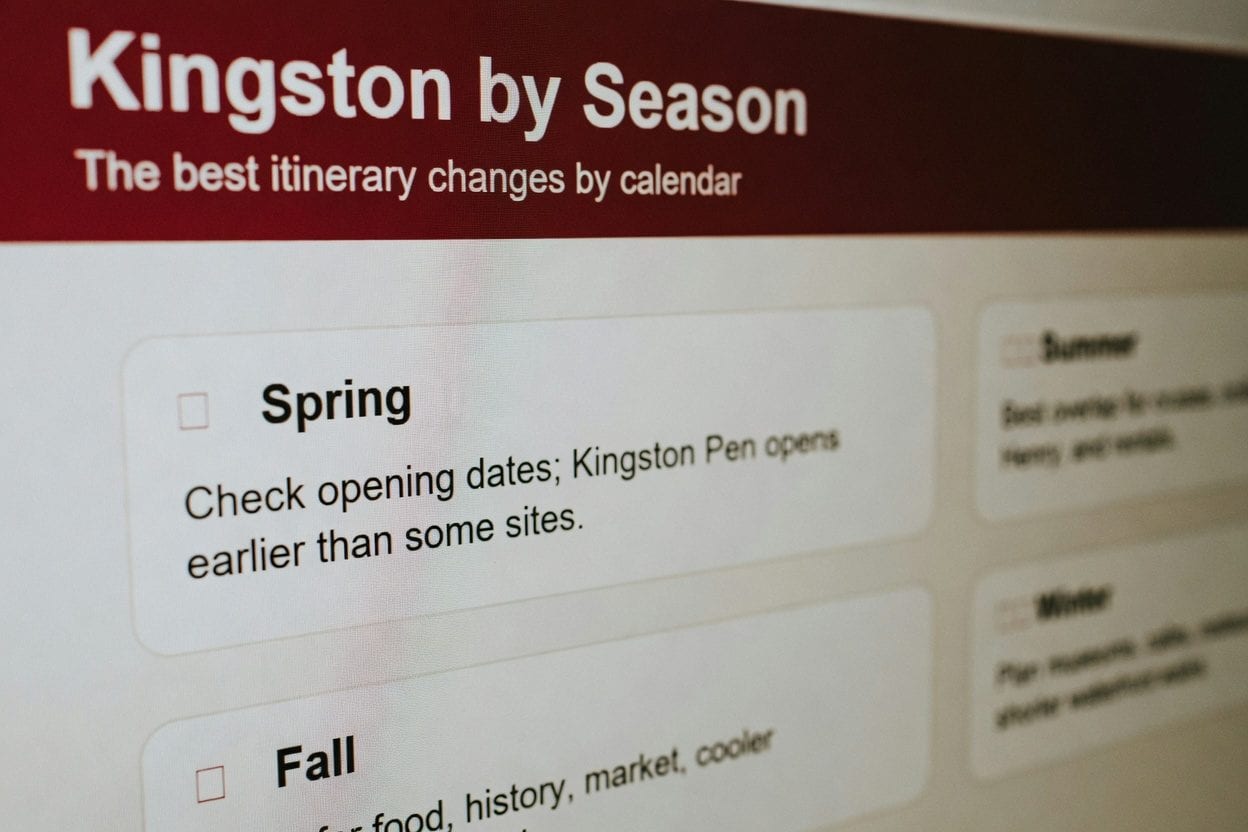 Kingston seasonal planning with spring, summer, fall, and winter day-trip cues
