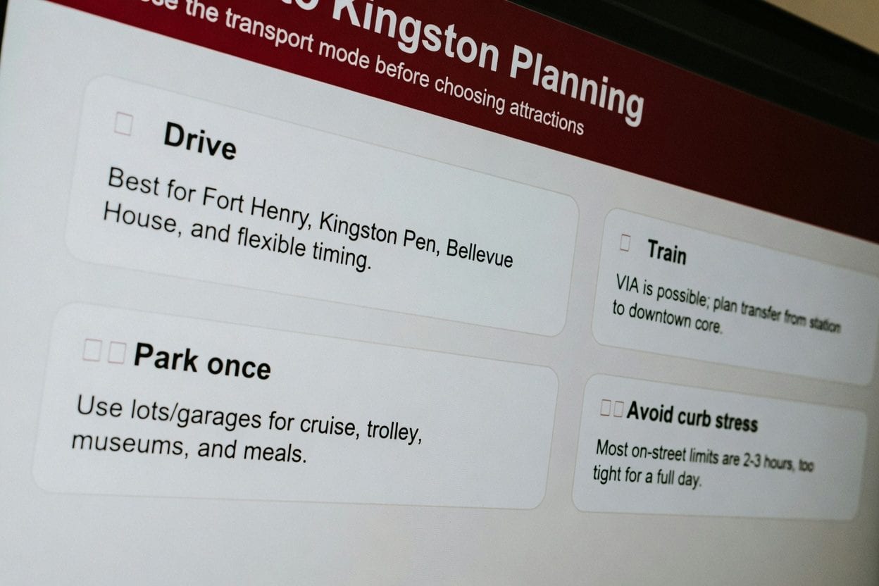 Route planning graphic for Ottawa to Kingston by car, train, and downtown parking