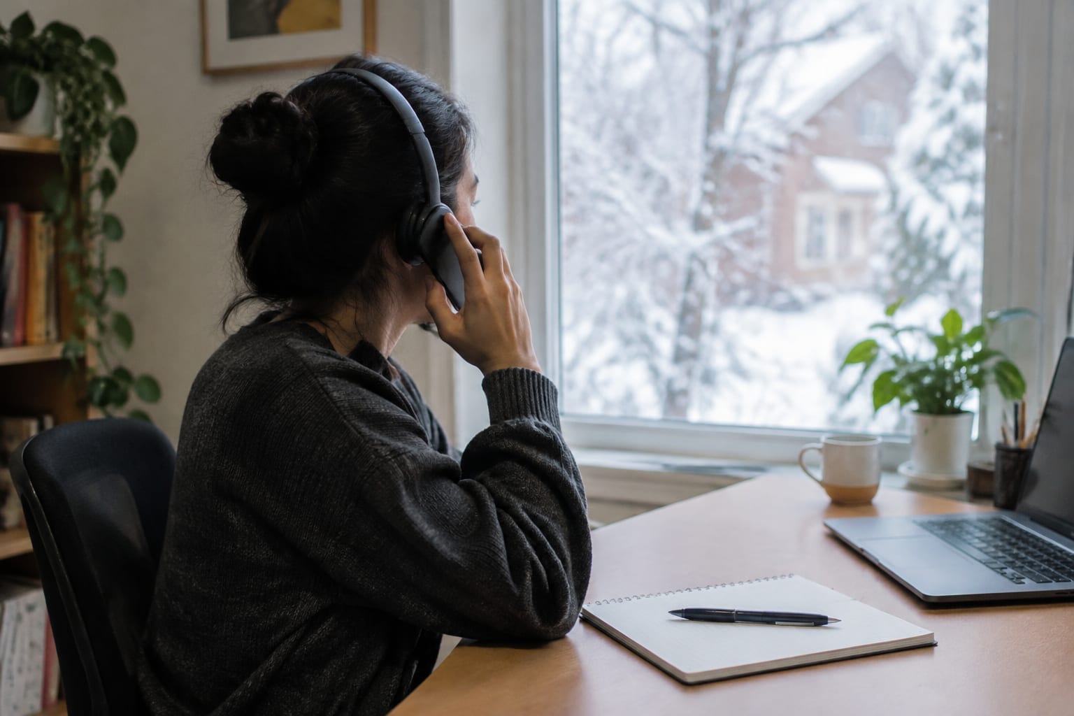 A person on a headset call at a desk with a notepad in a quiet home office