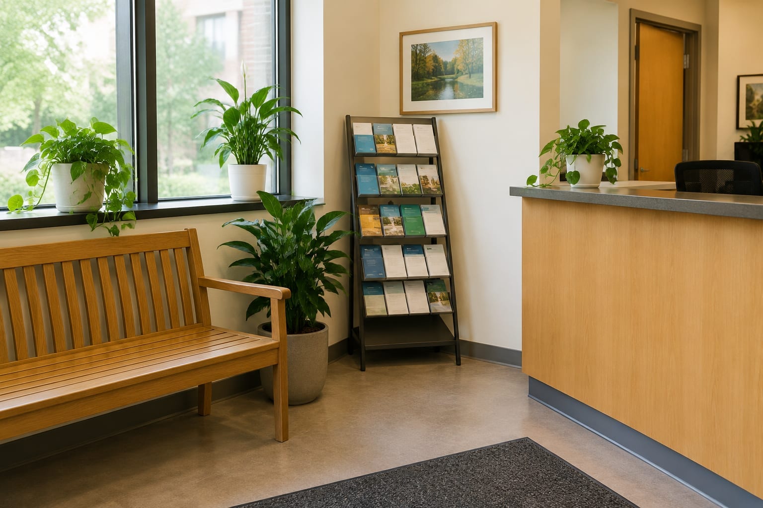 A reception area in a community office with a bench, a counter and printed information leaflets