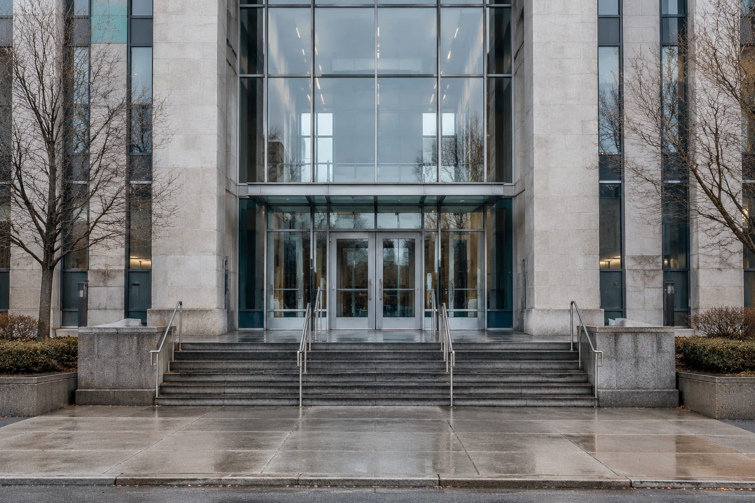 The glass entrance of a downtown courthouse building on a grey morning