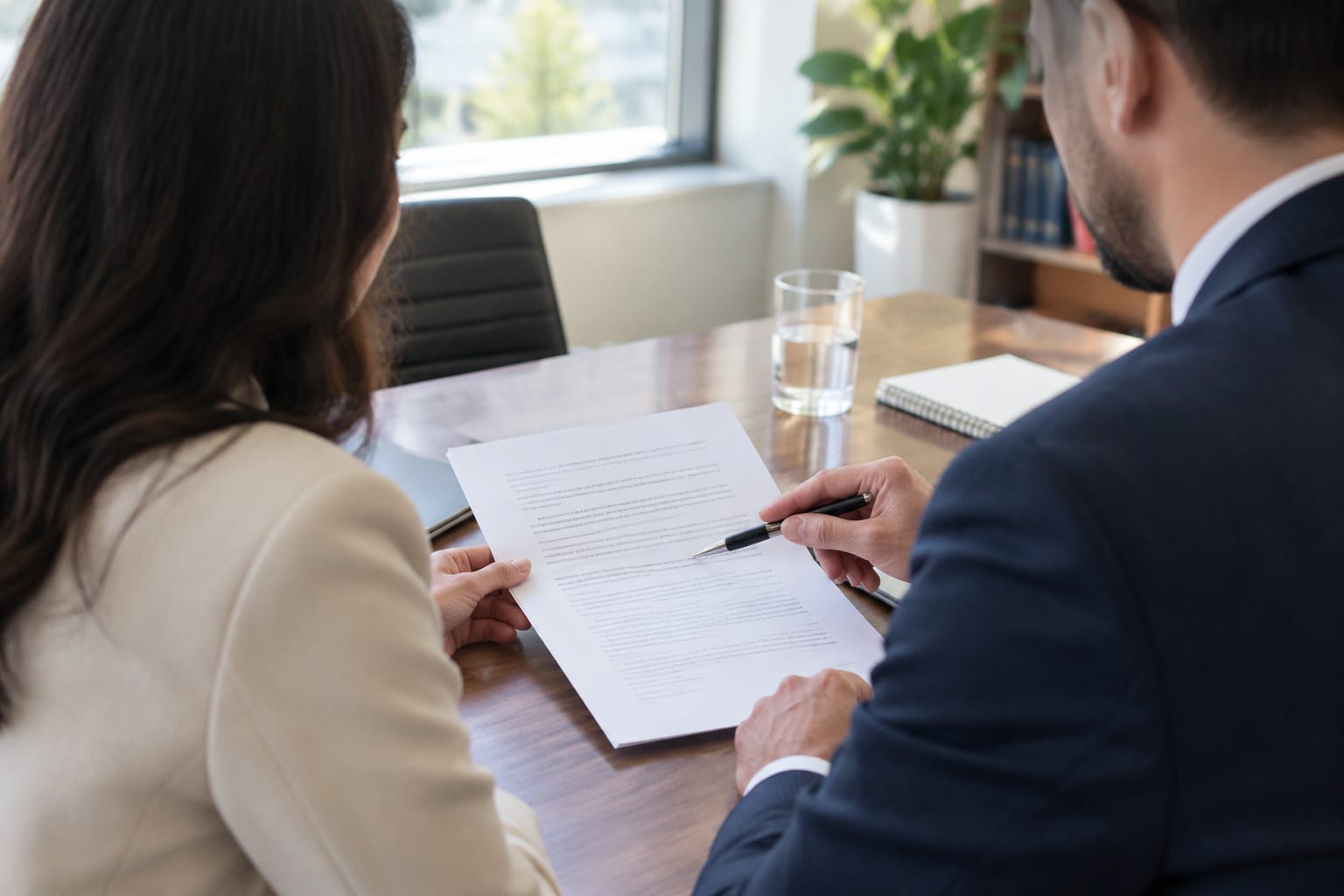 A lawyer and a client reading a document together across a table in a bright office